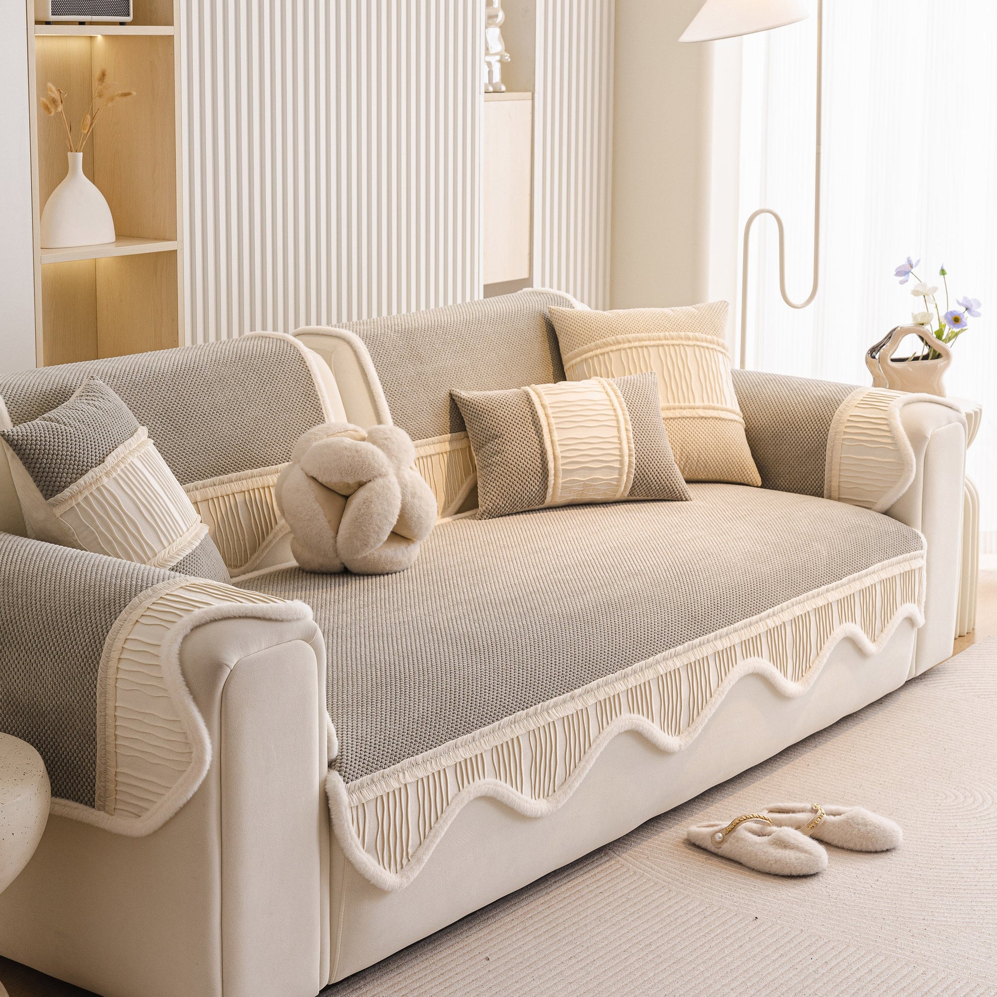 Dog Washable Sofa Protector Cover, Non-Slip Couch Slipcover with Soft Furry Trim on beige couch with pillows, cozy living room.