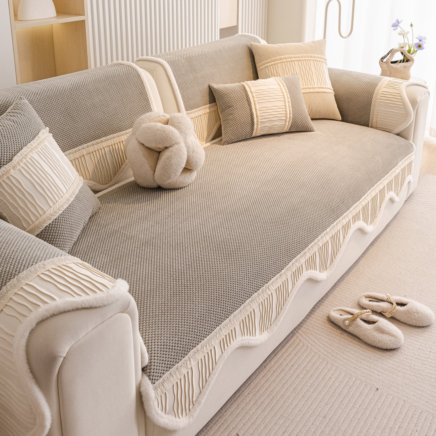 Dog Washable Sofa Protector Cover, Non-Slip Couch Slipcover with Soft Furry Trim on beige sofa in living room