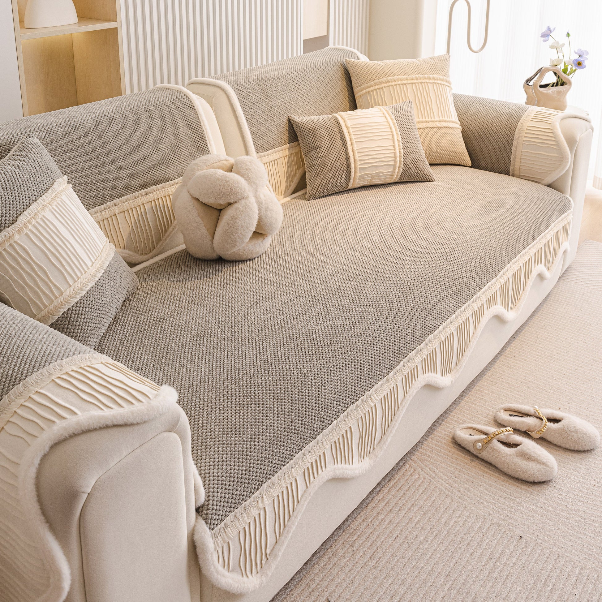 Dog Washable Sofa Protector Cover, Non-Slip Couch Slipcover with Soft Furry Trim on beige sofa in living room