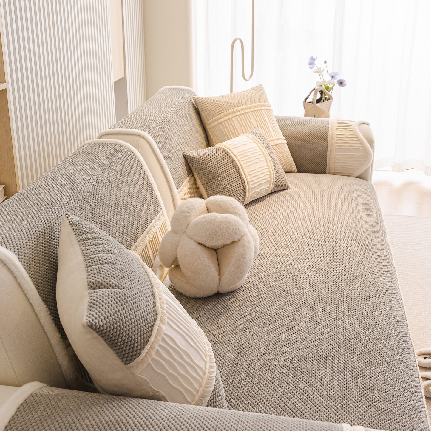 Dog Washable Sofa Protector Cover, Non-Slip Couch Slipcover with Soft Furry Trim on beige sofa with decorative pillows