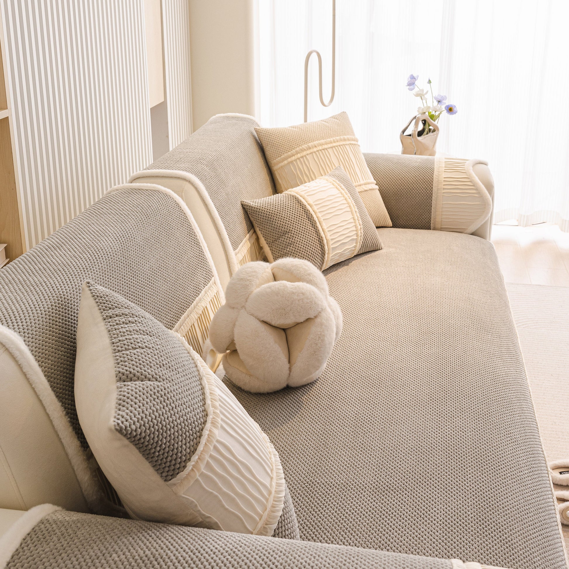 Dog Washable Sofa Protector Cover, Non-Slip Couch Slipcover with Soft Furry Trim on beige sofa with decorative pillows