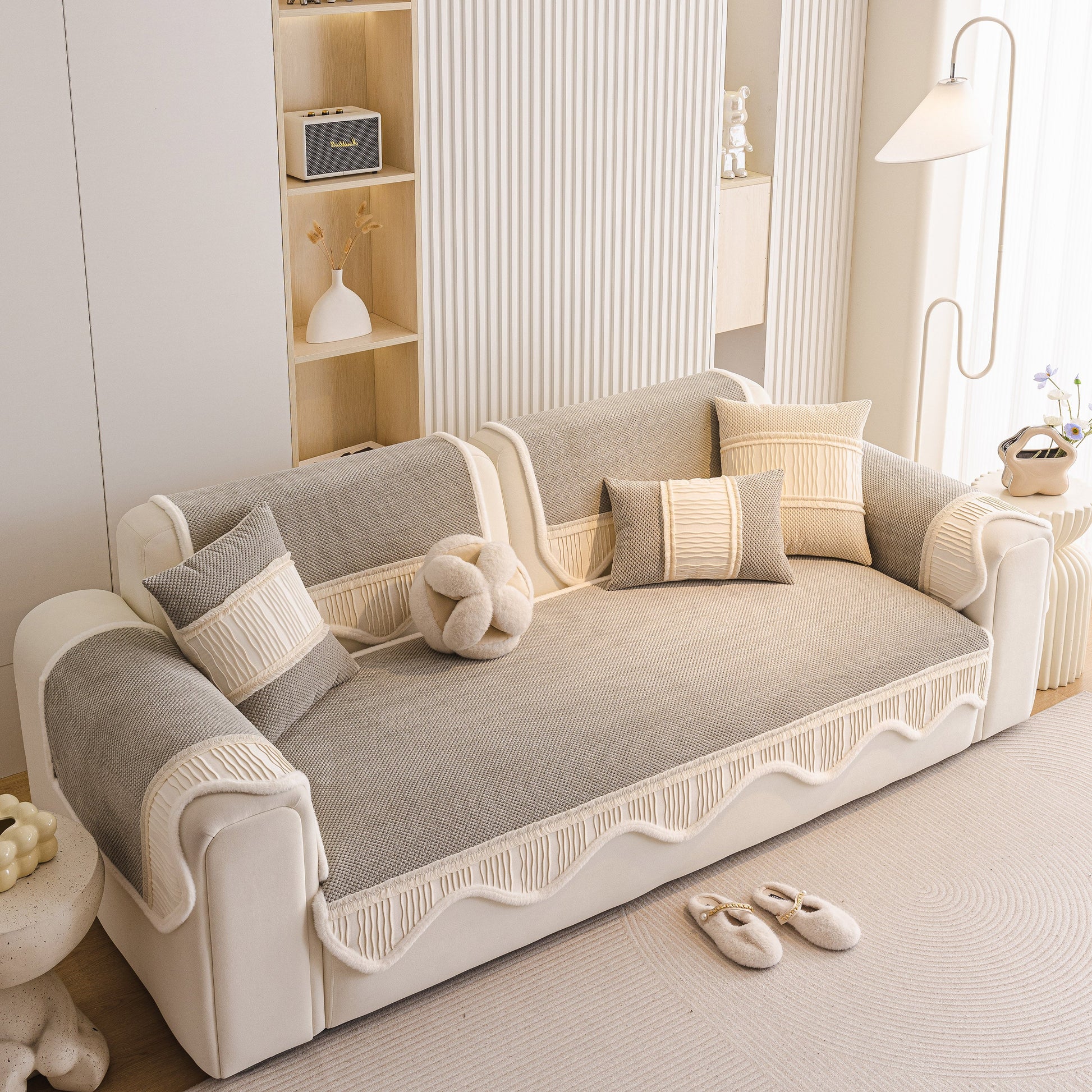 Dog Washable Sofa Protector Cover, Non-Slip Couch Slipcover with Soft Furry Trim in beige and gray on a stylish sofa.