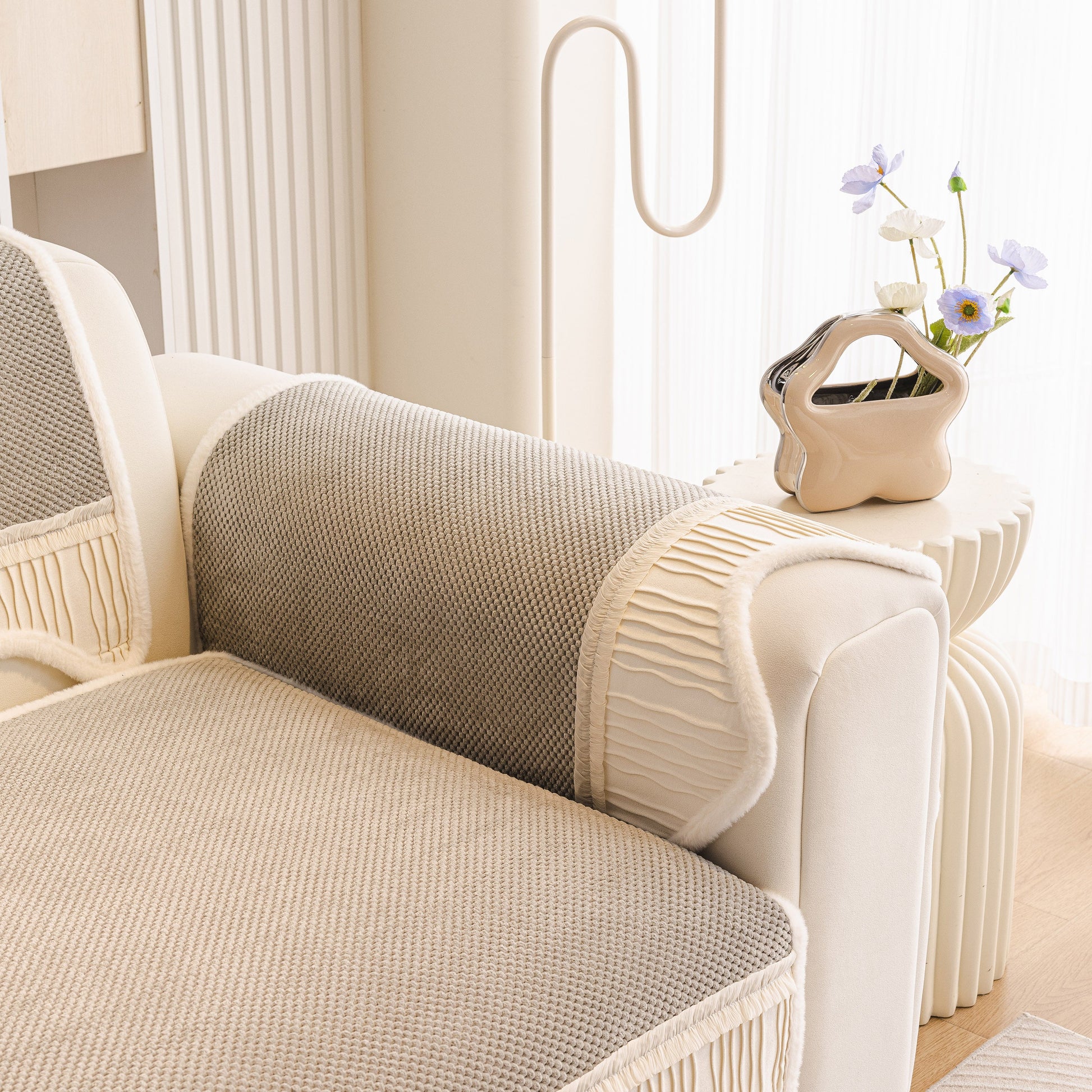 Dog Washable Sofa Protector Cover, Non-Slip Couch Slipcover with Soft Furry Trim in beige with honeycomb texture on sofa.