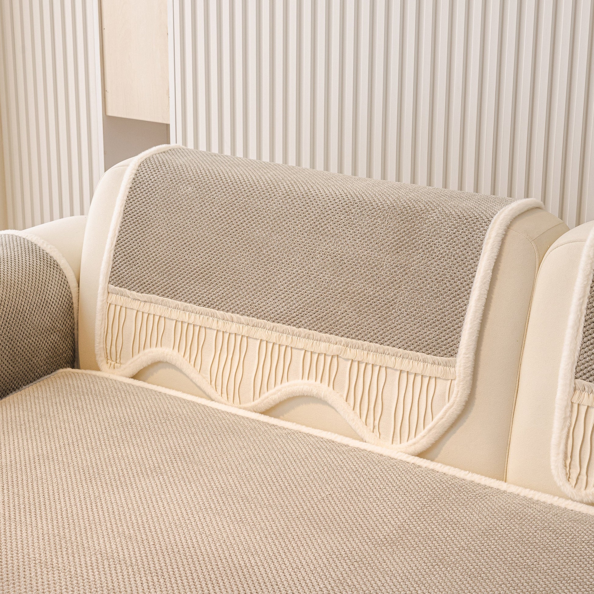 Dog Washable Sofa Protector Cover, Non-Slip Couch Slipcover with Soft Furry Trim in beige and gray on a sofa