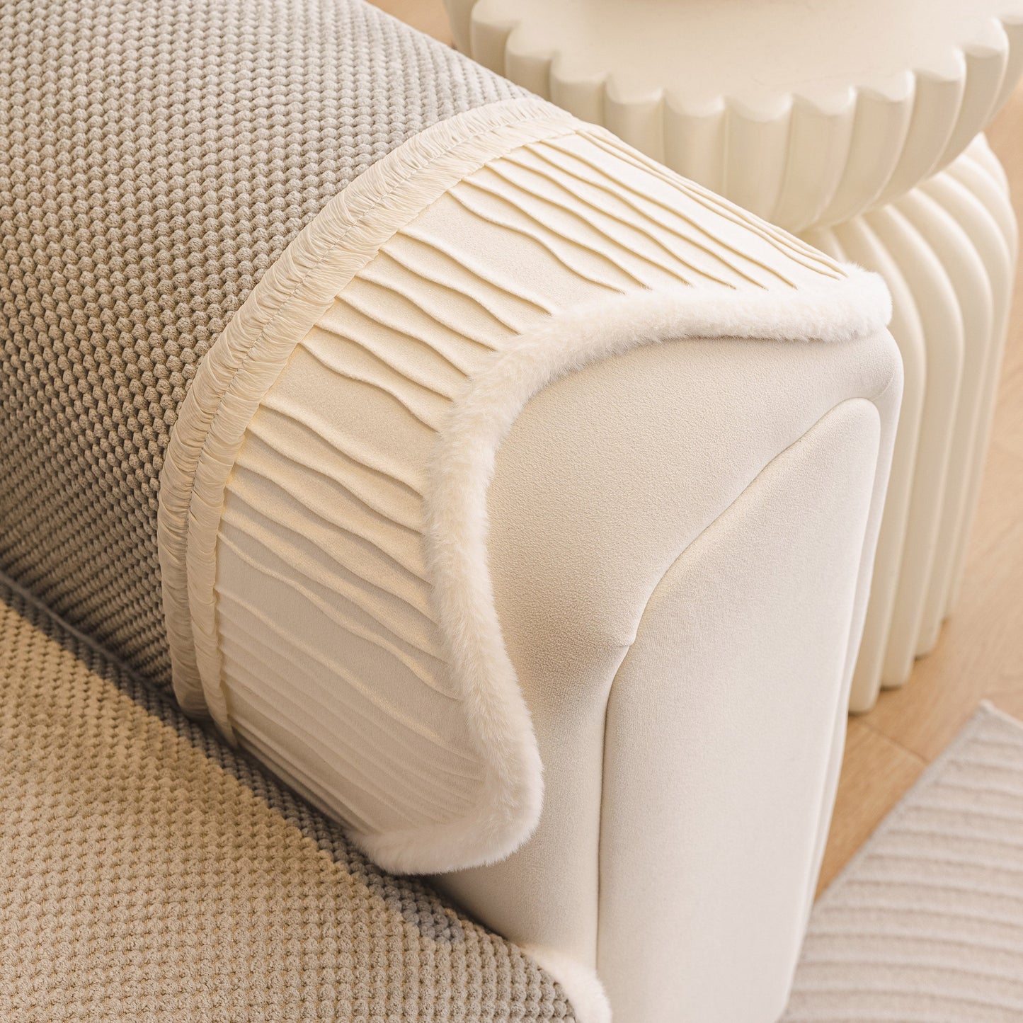 Dog Washable Sofa Protector Cover, Non-Slip Couch Slipcover with Soft Furry Trim in beige with honeycomb texture and pleated edge.