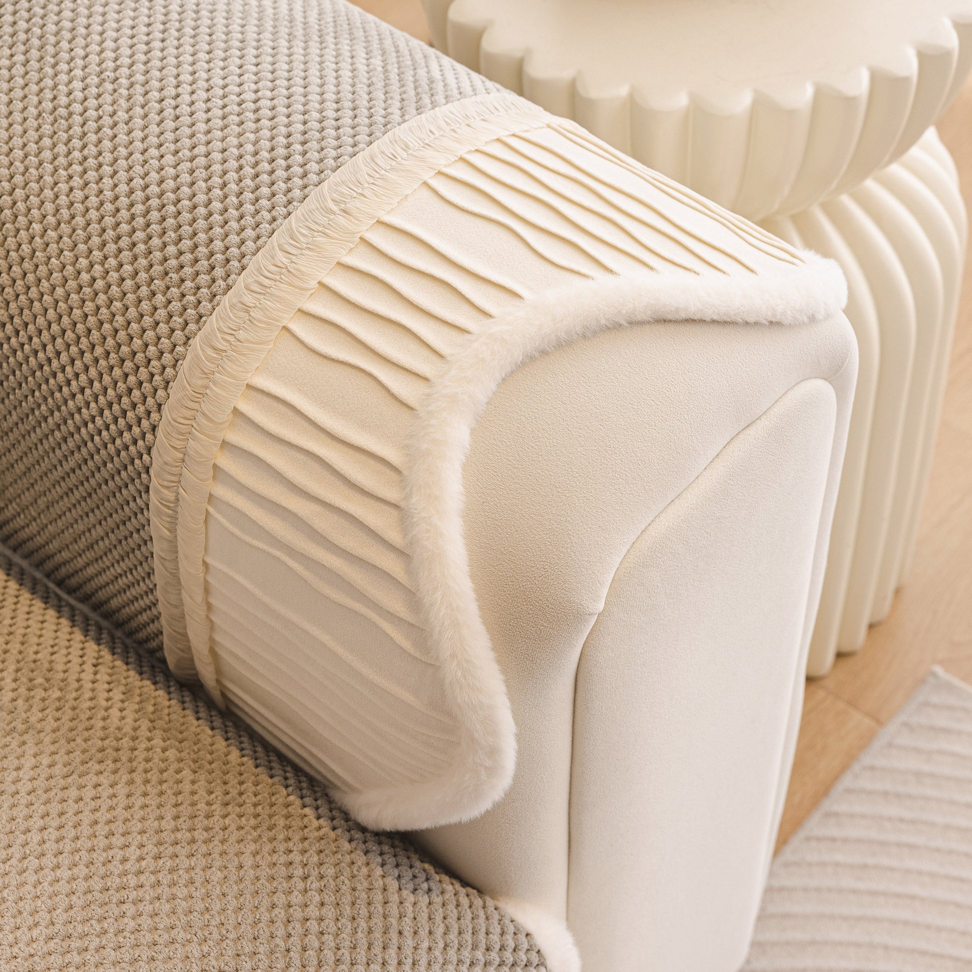 Dog Washable Sofa Protector Cover, Non-Slip Couch Slipcover with Soft Furry Trim in beige with honeycomb texture and pleated edge.