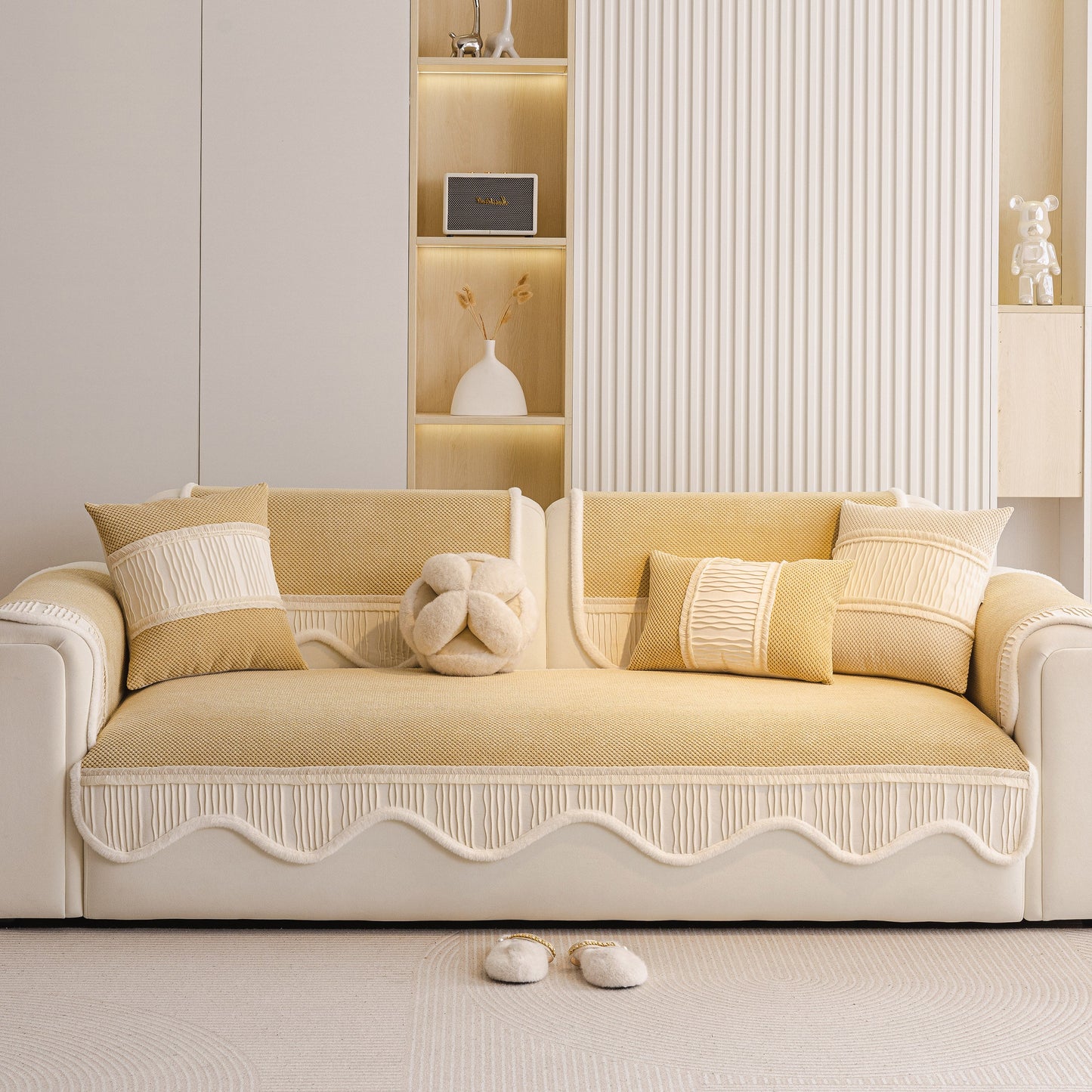 Dog Washable Sofa Protector Cover, Non-Slip Couch Slipcover with Soft Furry Trim in beige with decorative pillows on a white sofa.