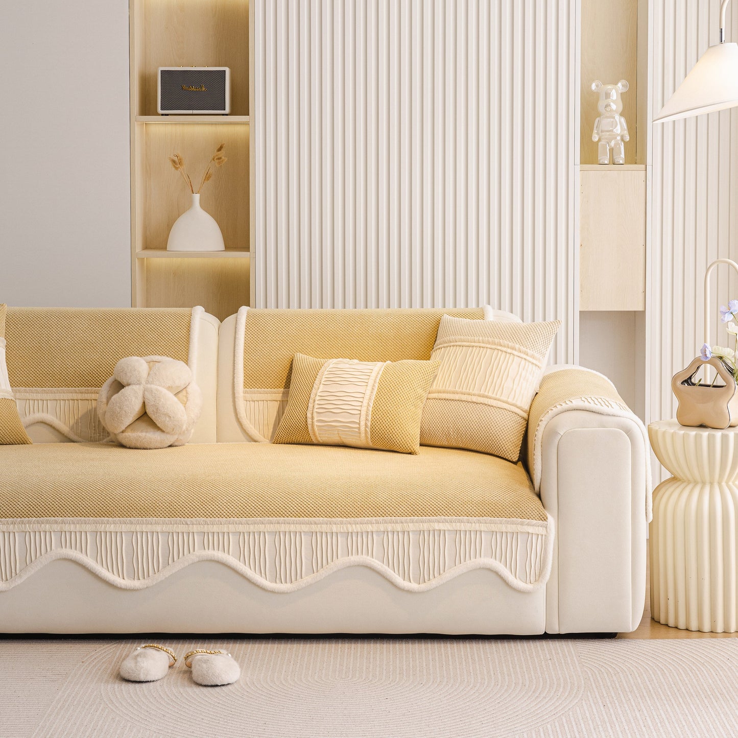 Dog Washable Sofa Protector Cover, Non-Slip Couch Slipcover with Soft Furry Trim on a beige sofa with decorative pillows.