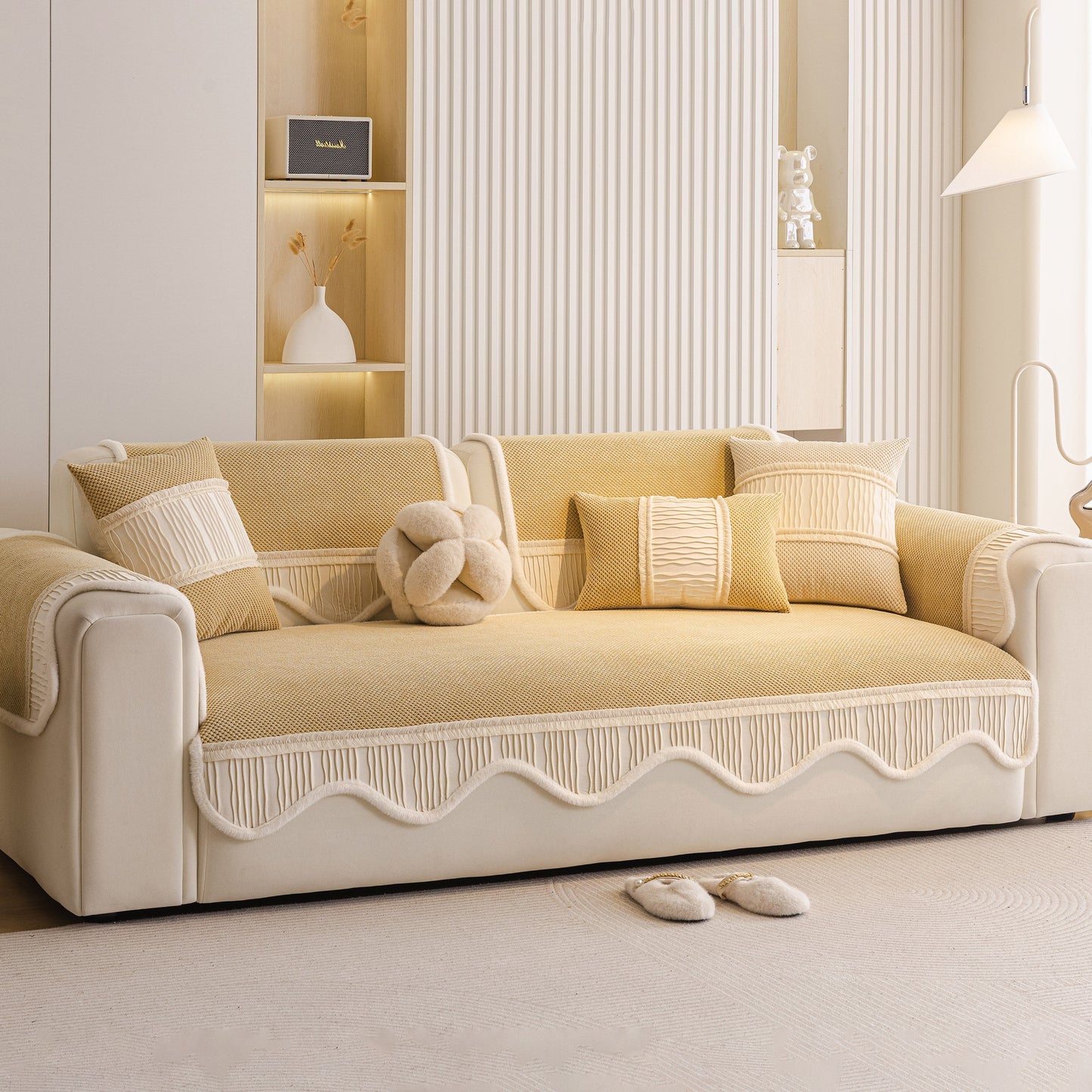 Dog Washable Sofa Protector Cover, Non-Slip Couch Slipcover with Soft Furry Trim in beige, on a cream sofa in modern living room.