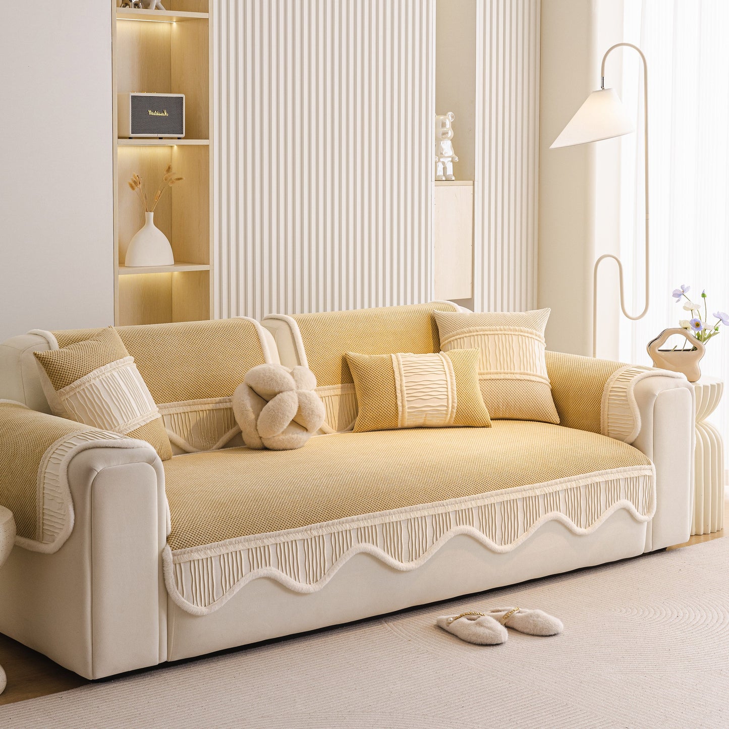 Dog Washable Sofa Protector Cover, Non-Slip Couch Slipcover with Soft Furry Trim on a beige sofa in a bright living room.
