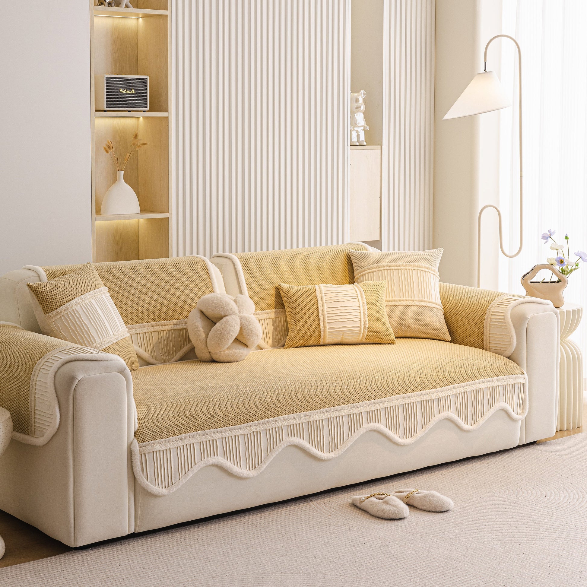 Dog Washable Sofa Protector Cover, Non-Slip Couch Slipcover with Soft Furry Trim on a beige sofa in a bright living room.