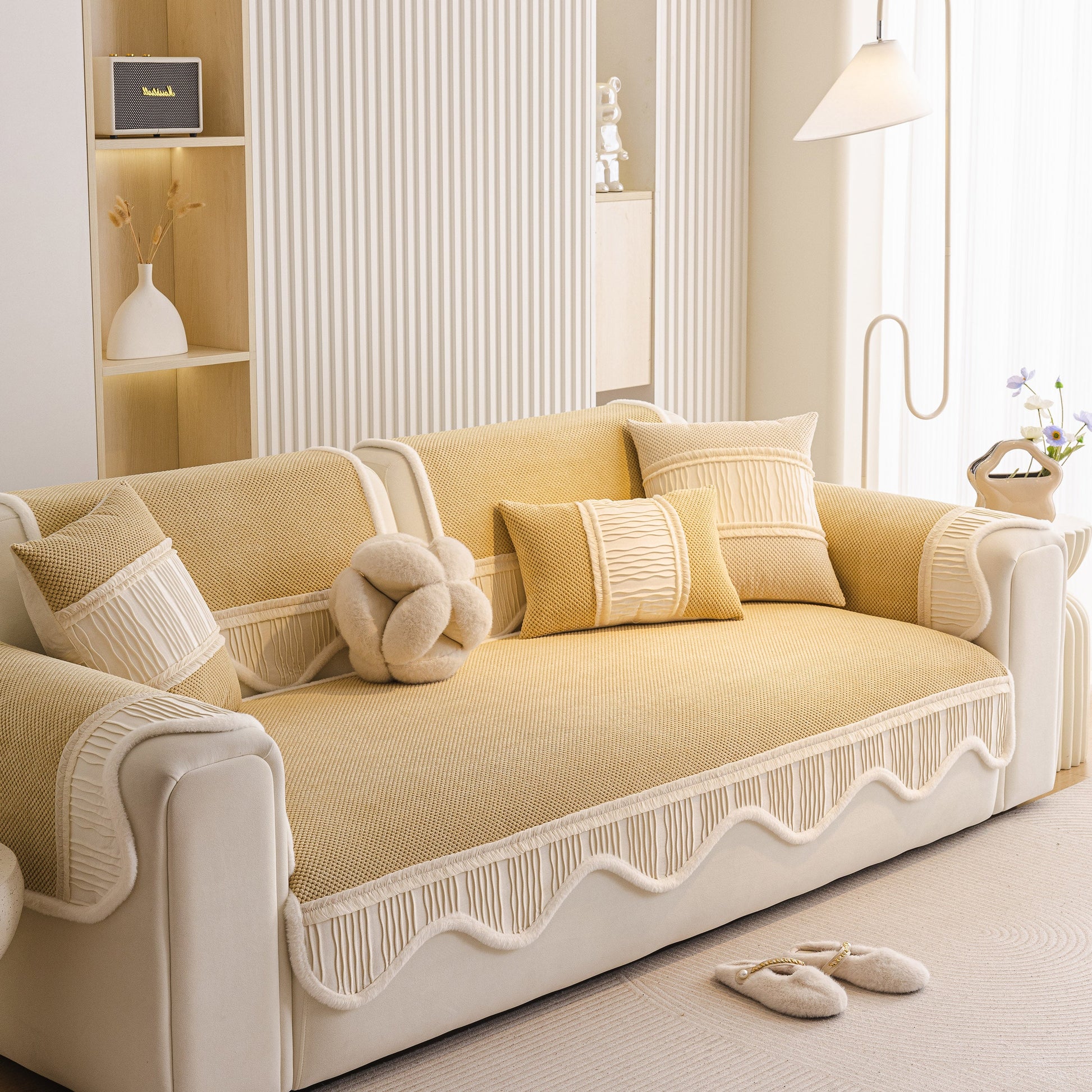 Dog Washable Sofa Protector Cover with soft furry trim on a beige couch, featuring non-slip silicone backing and split-piece design.