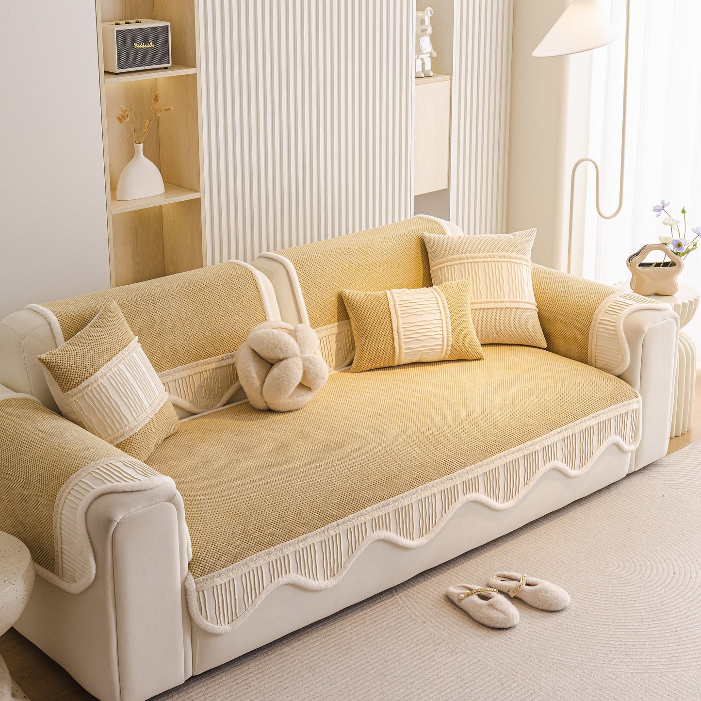 Dog Washable Sofa Protector Cover, Non-Slip Couch Slipcover with Soft Furry Trim in beige on a white sofa.