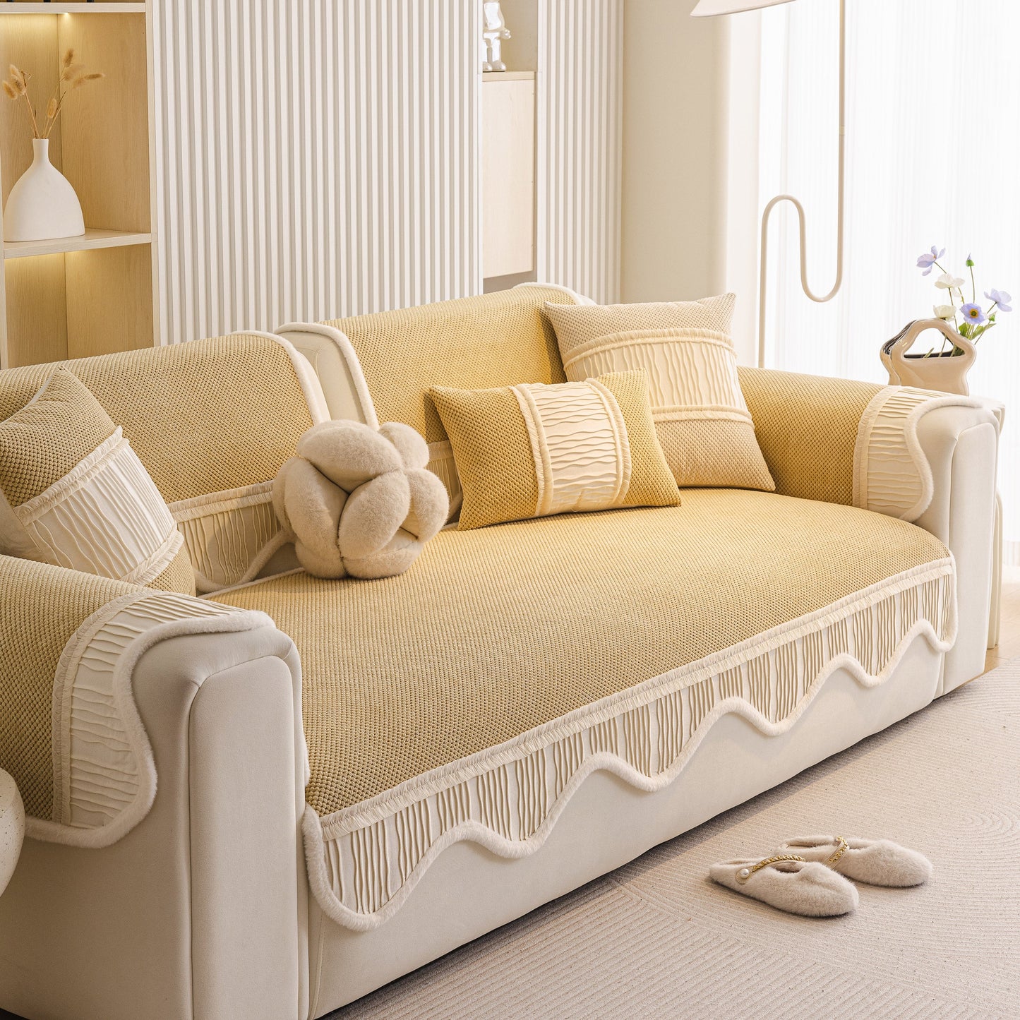 Dog Washable Sofa Protector Cover, Non-Slip Couch Slipcover with Soft Furry Trim on beige sofa with cushions.