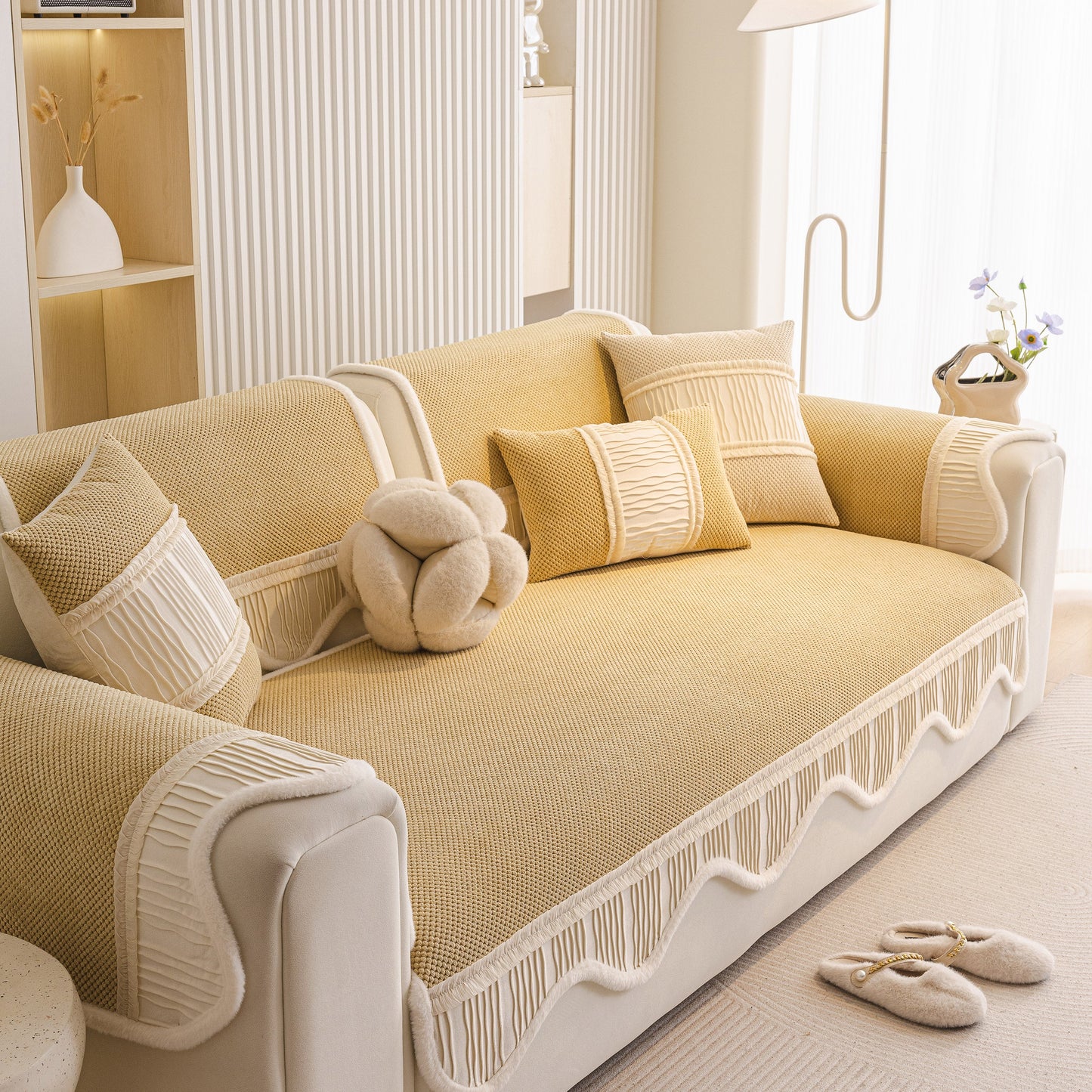Dog Washable Sofa Protector Cover, Non-Slip Couch Slipcover with Soft Furry Trim in beige on a modern couch