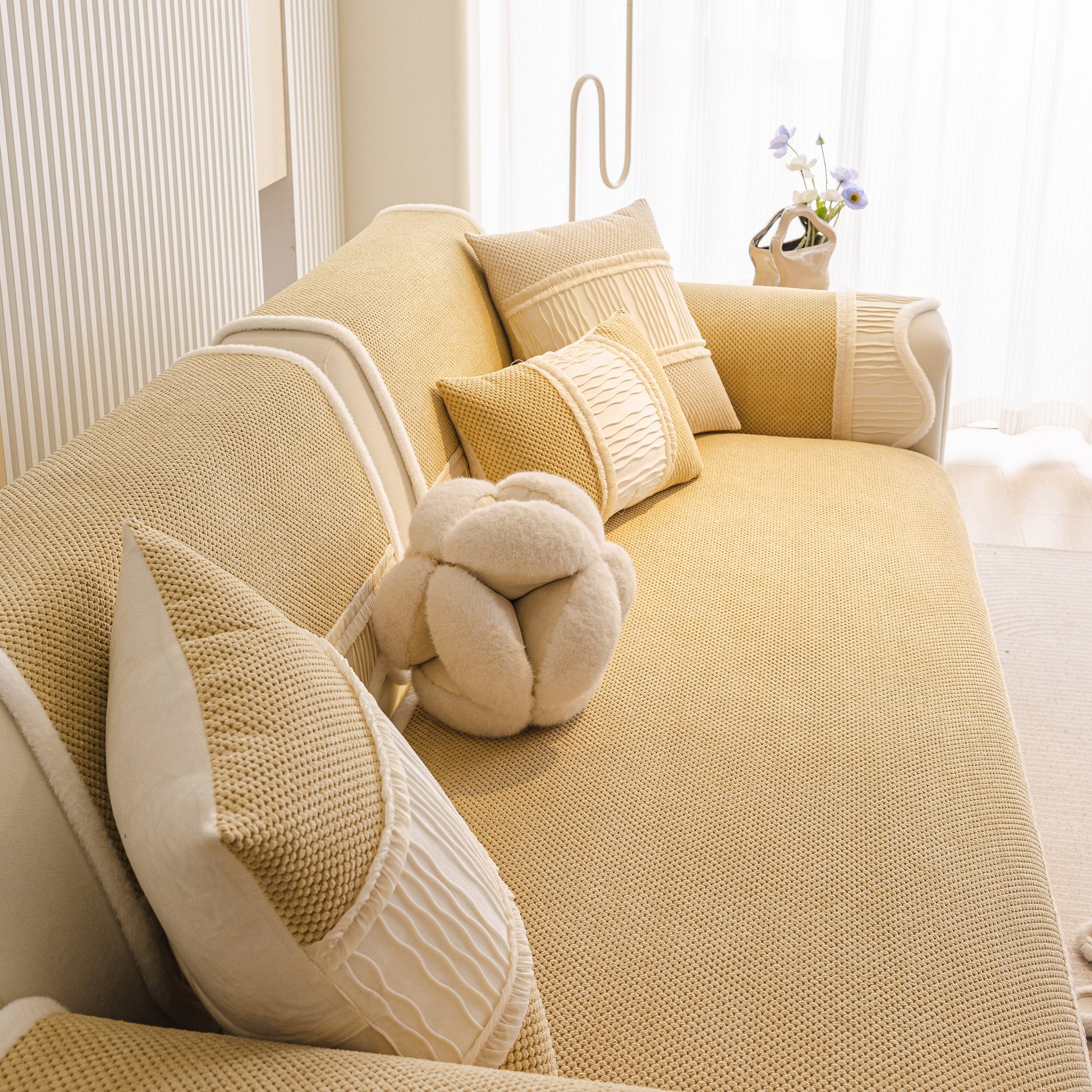 Dog Washable Sofa Protector Cover, Non-Slip Couch Slipcover with Soft Furry Trim in beige with pillows on stylish sofa