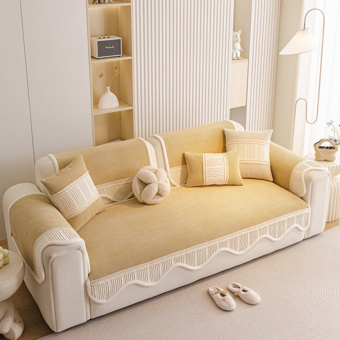 Dog Washable Sofa Protector Cover, Non-Slip Couch Slipcover with Soft Furry Trim in beige on a white sofa, living room view.