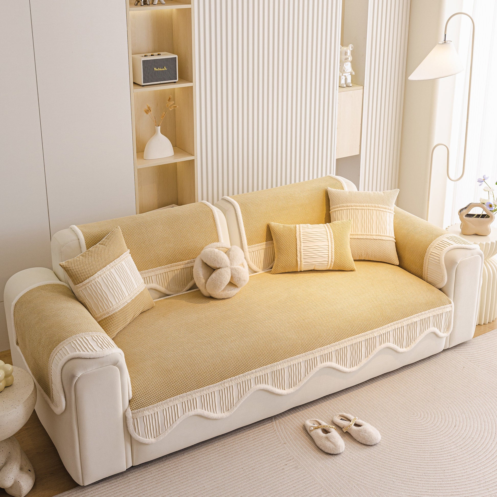 Dog Washable Sofa Protector Cover, Non-Slip Couch Slipcover with Soft Furry Trim in beige on a white sofa, living room view.