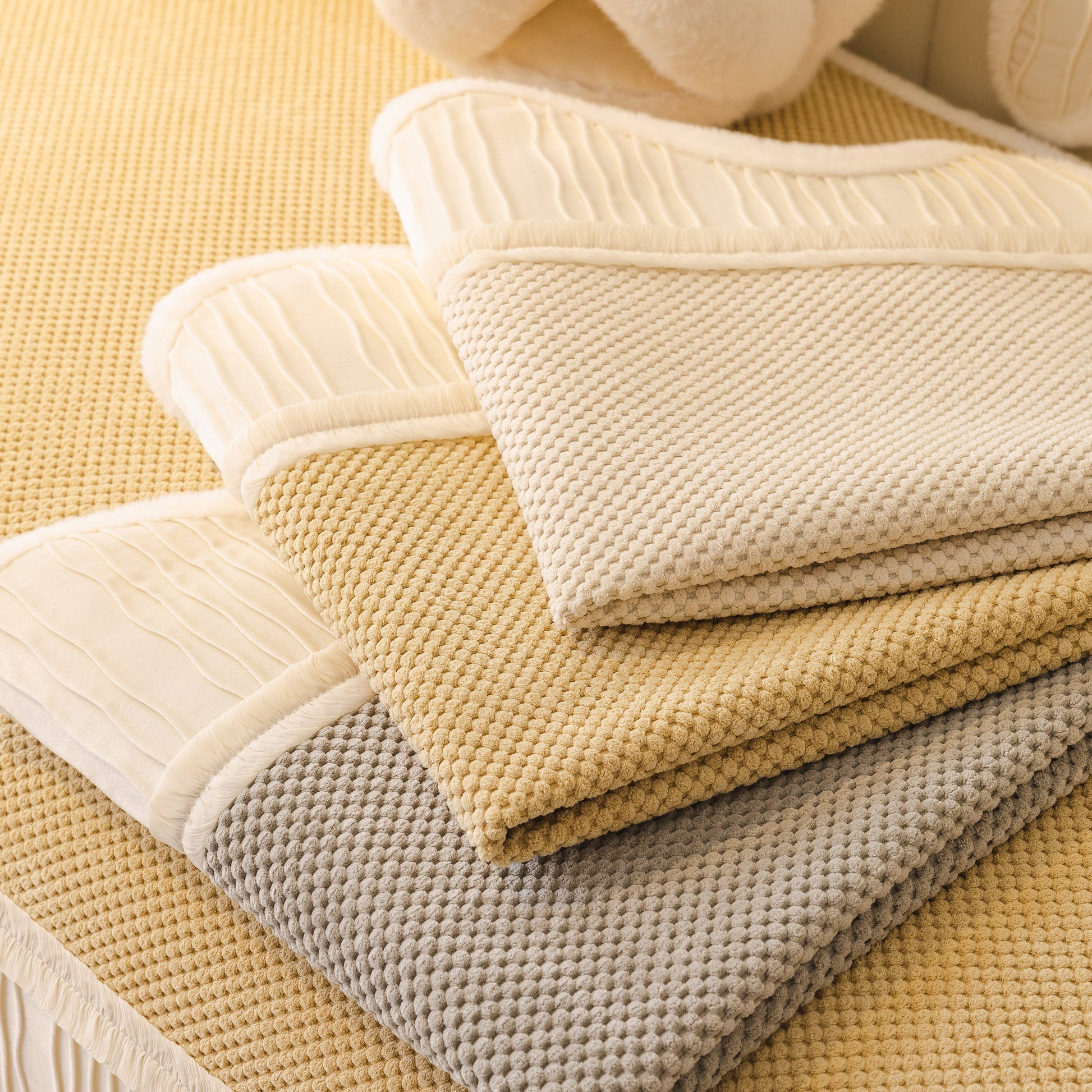 Dog Washable Sofa Protector Cover, Non-Slip Couch Slipcover with Soft Furry Trim in beige, gray, and khaki colors displayed.