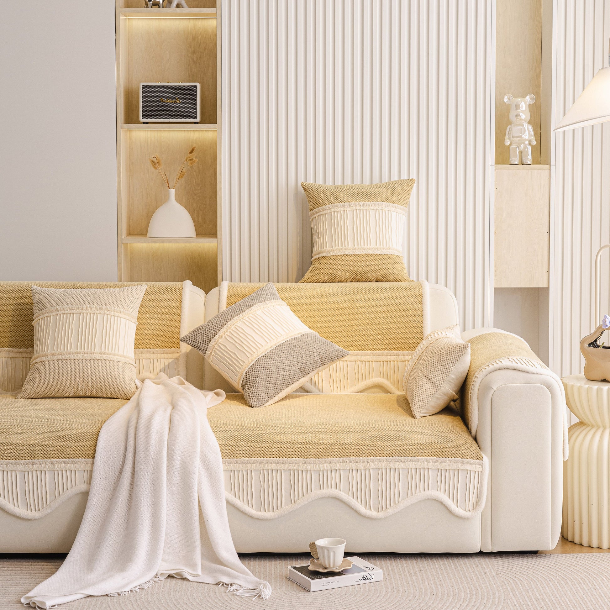 Dog Washable Sofa Protector Cover, Non-Slip Couch Slipcover with Soft Furry Trim in a cozy living room setting.
