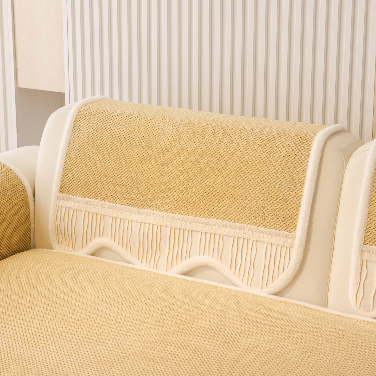 Dog Washable Sofa Protector Cover, Non-Slip Couch Slipcover with Soft Furry Trim in beige on a couch