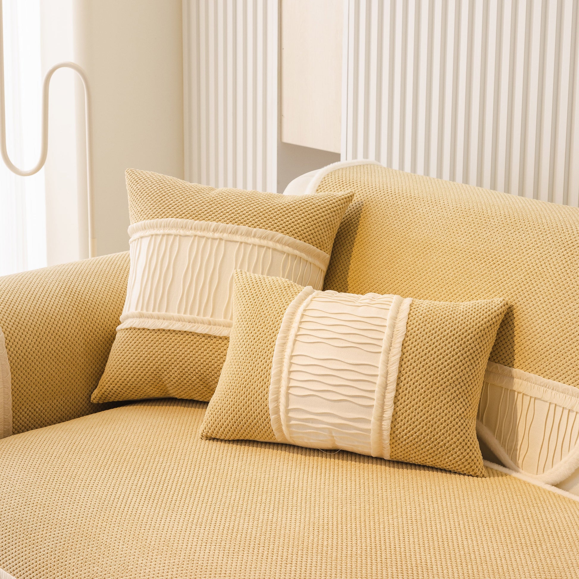 Dog Washable Sofa Protector Cover, Non-Slip Couch Slipcover with Soft Furry Trim in yellow with textured pillows on a couch.