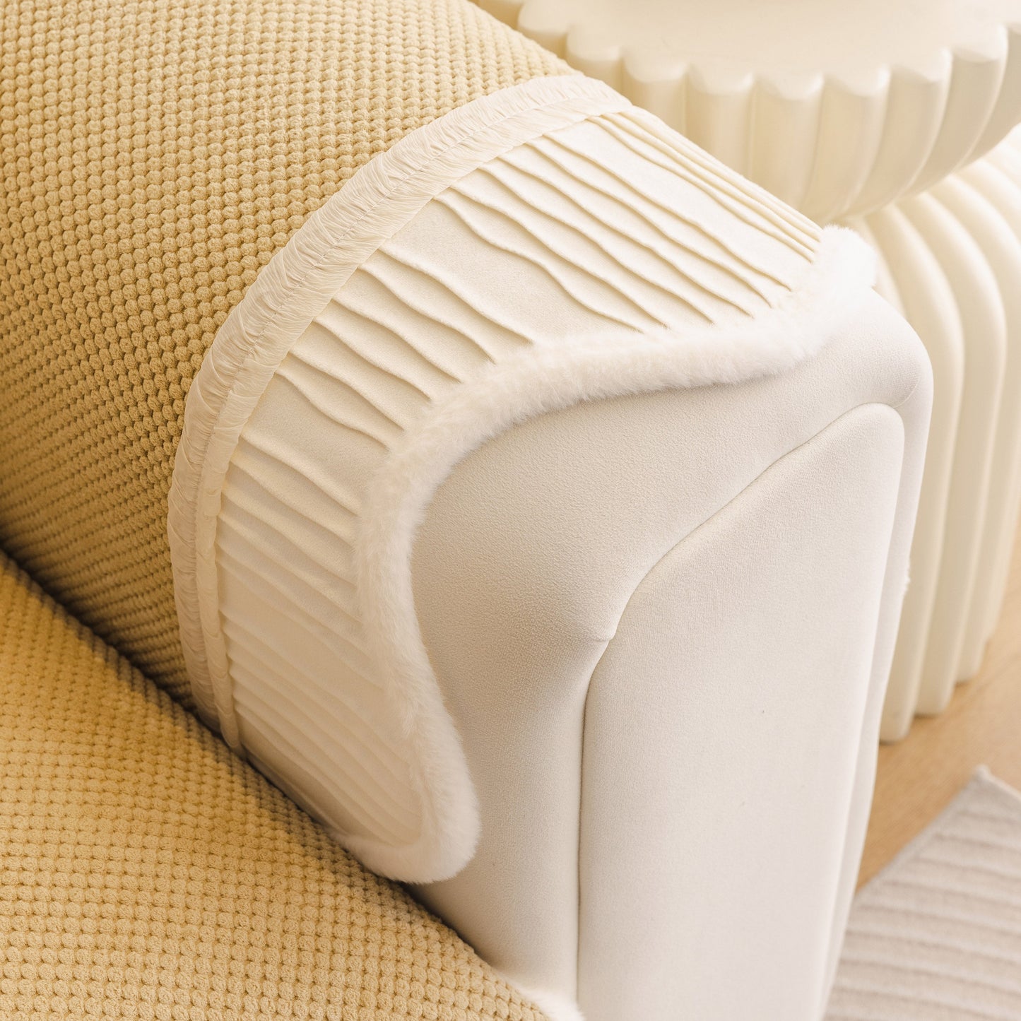 Dog Washable Sofa Protector Cover, Non-Slip Couch Slipcover with Soft Furry Trim in beige with pleated edges and non-slip backing