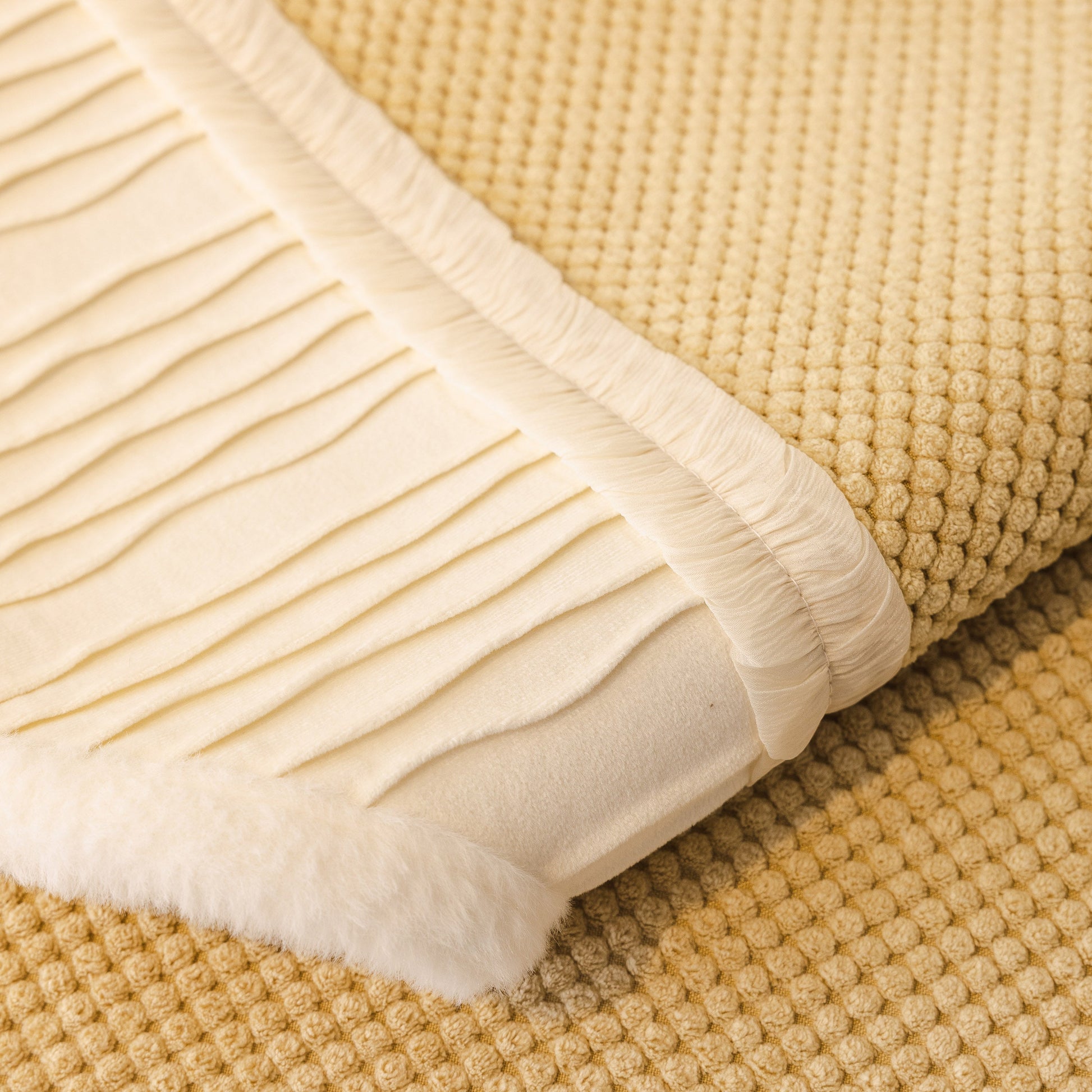 Dog Washable Sofa Protector Cover, Non-Slip Couch Slipcover with Soft Furry Trim in beige, showcasing honeycomb texture and faux fur trim