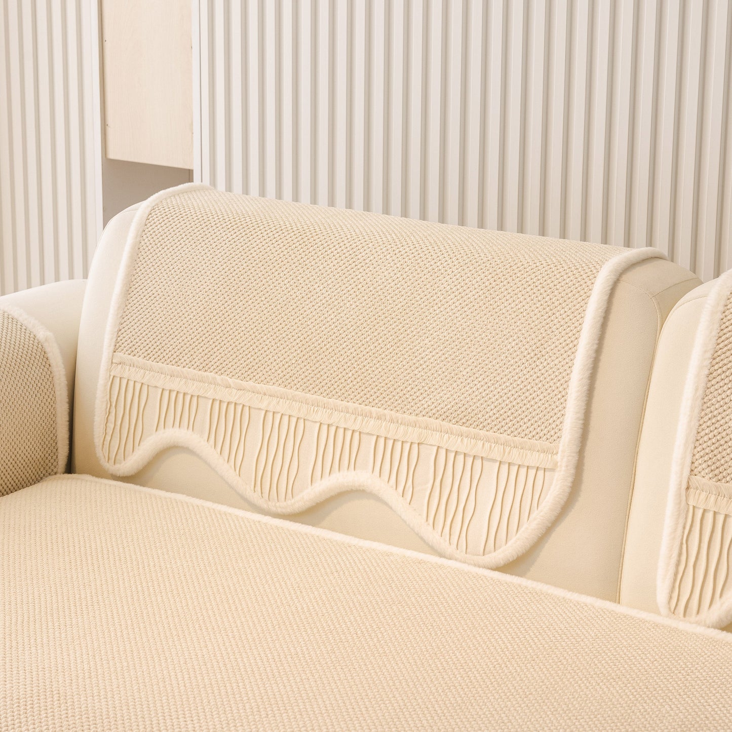 Dog Washable Sofa Protector Cover, Non-Slip Couch Slipcover with Soft Furry Trim in beige on a sofa