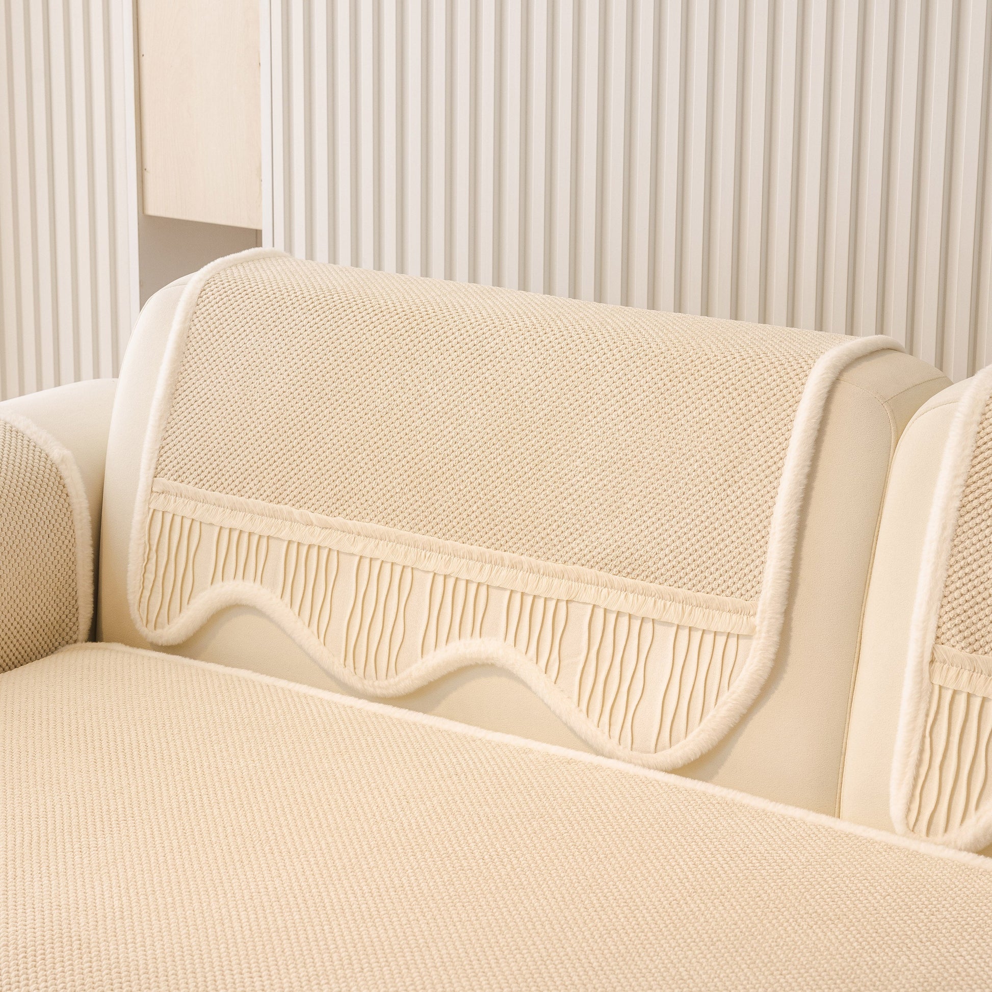 Dog Washable Sofa Protector Cover, Non-Slip Couch Slipcover with Soft Furry Trim in beige on a sofa