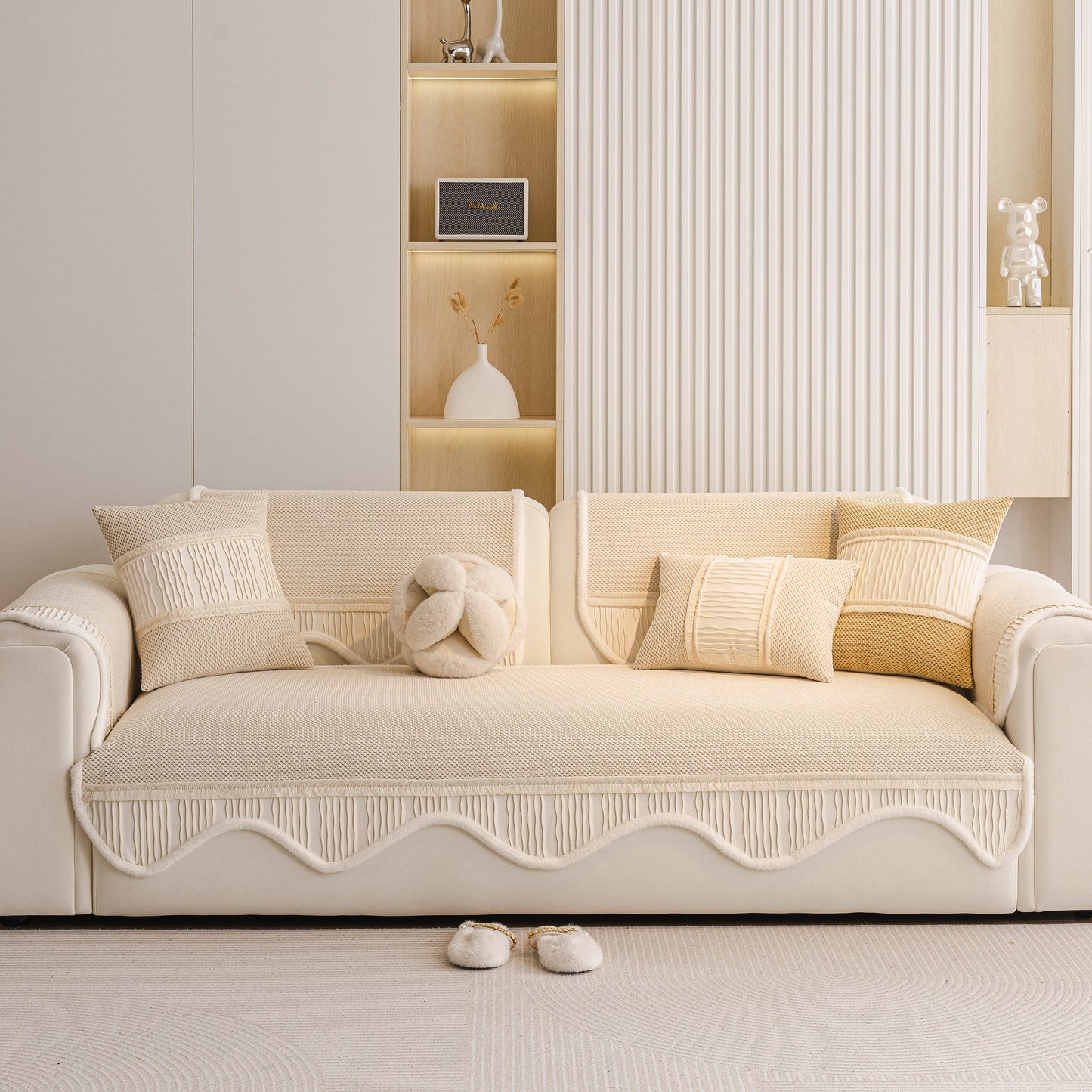 Dog Washable Sofa Protector Cover, Non-Slip Couch Slipcover with Soft Furry Trim in beige on a modern sofa in a stylish living room.