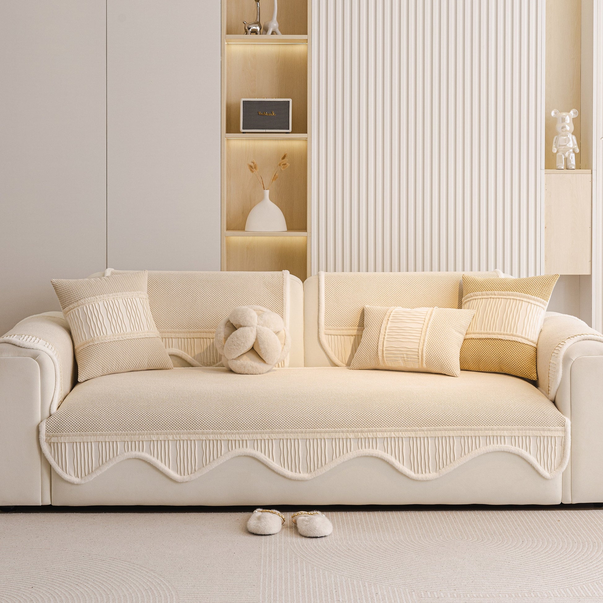 Dog Washable Sofa Protector Cover, Non-Slip Couch Slipcover with Soft Furry Trim in beige on a modern sofa in a stylish living room.