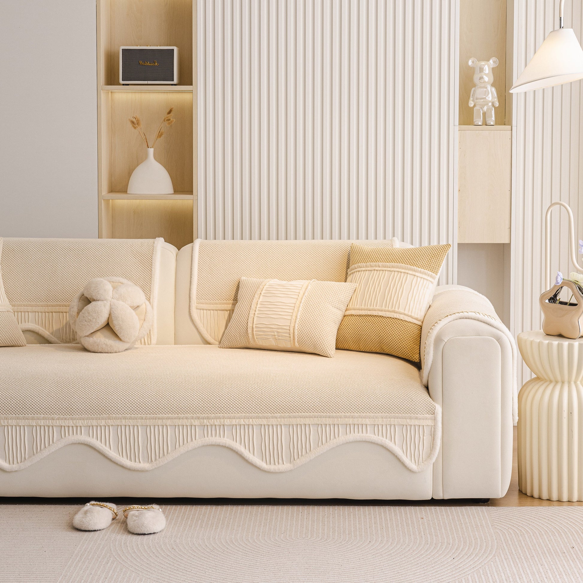 Dog Washable Sofa Protector Cover, Non-Slip Couch Slipcover with Soft Furry Trim on white sofa with pillows in cozy room