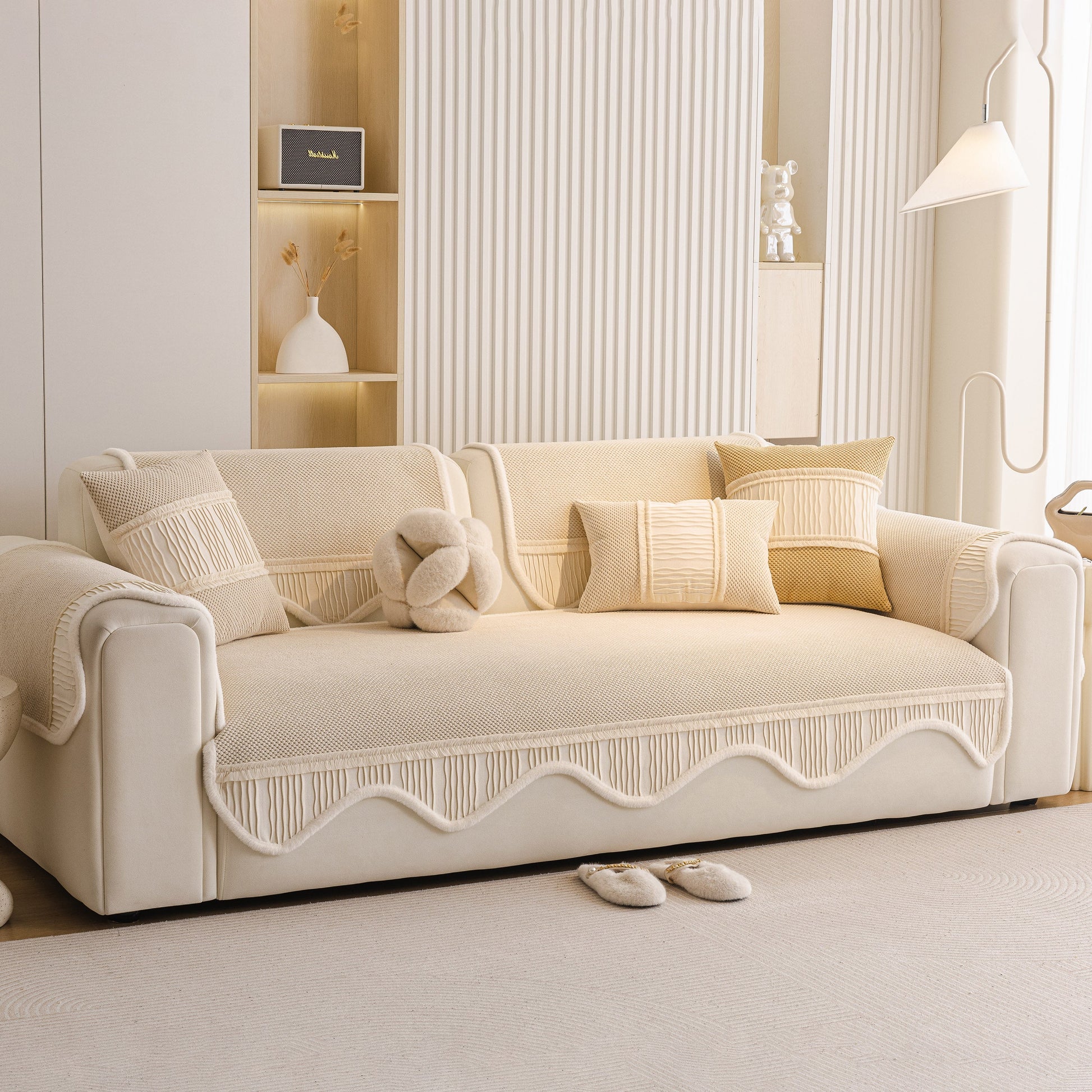 Beige Dog Washable Sofa Protector Cover, Non-Slip Couch Slipcover with Soft Furry Trim on a modern sofa