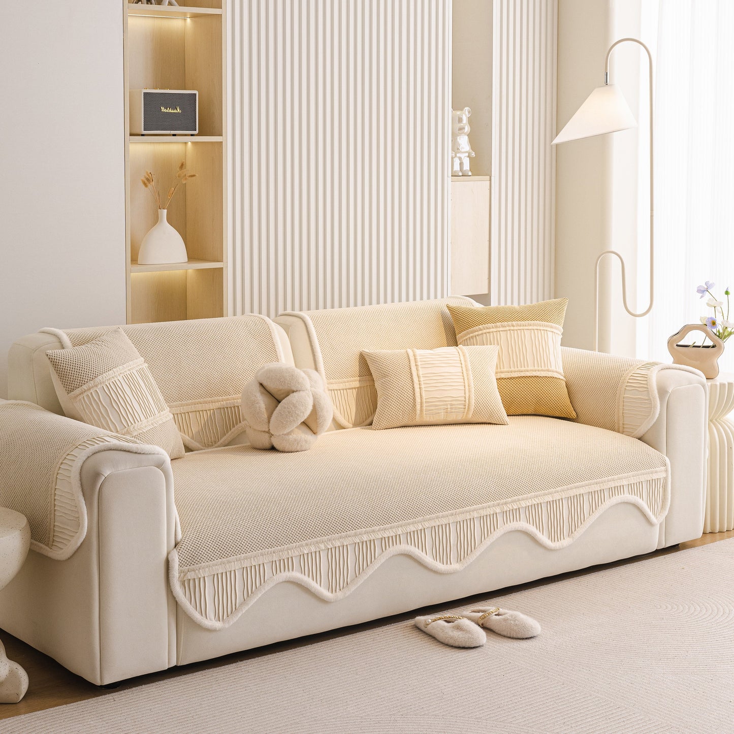 Dog Washable Sofa Protector Cover, Non-Slip Couch Slipcover with Soft Furry Trim in beige, displayed on a stylish modern sofa.