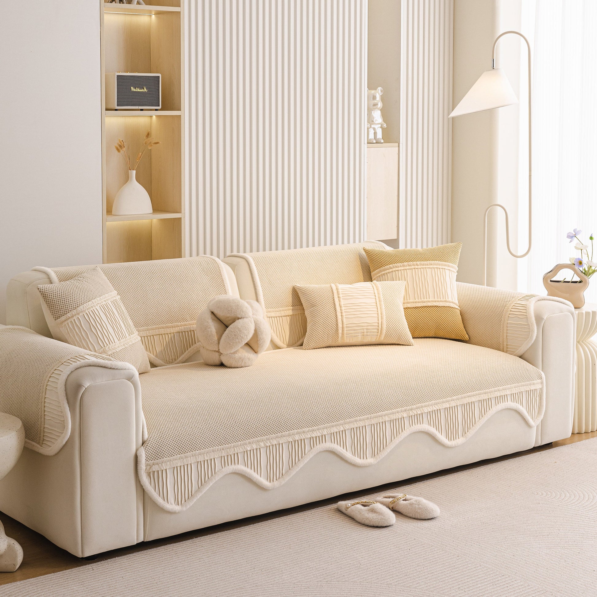 Dog Washable Sofa Protector Cover, Non-Slip Couch Slipcover with Soft Furry Trim in beige, displayed on a stylish modern sofa.