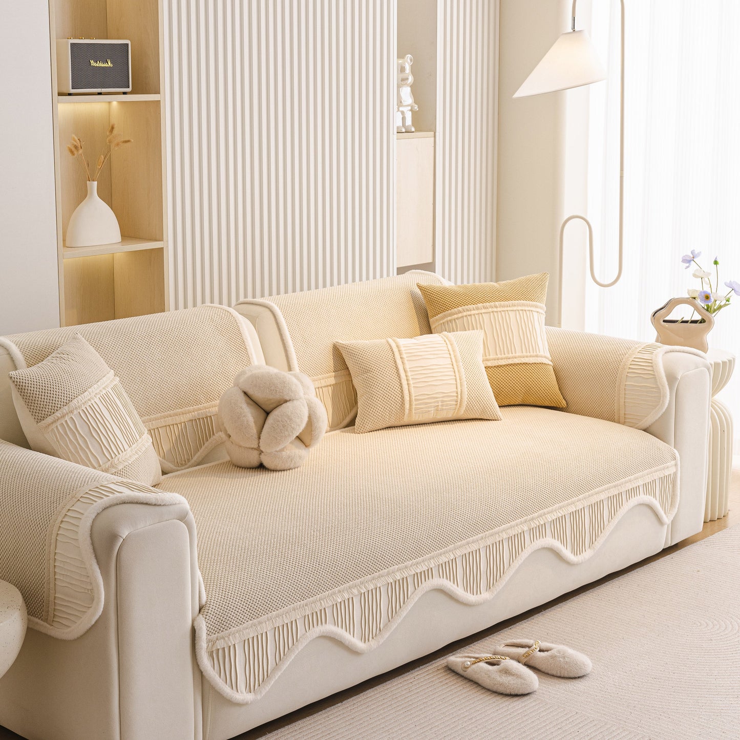 Dog Washable Sofa Protector Cover, Non-Slip Couch Slipcover with Soft Furry Trim on a beige sofa with pillows in a living room.