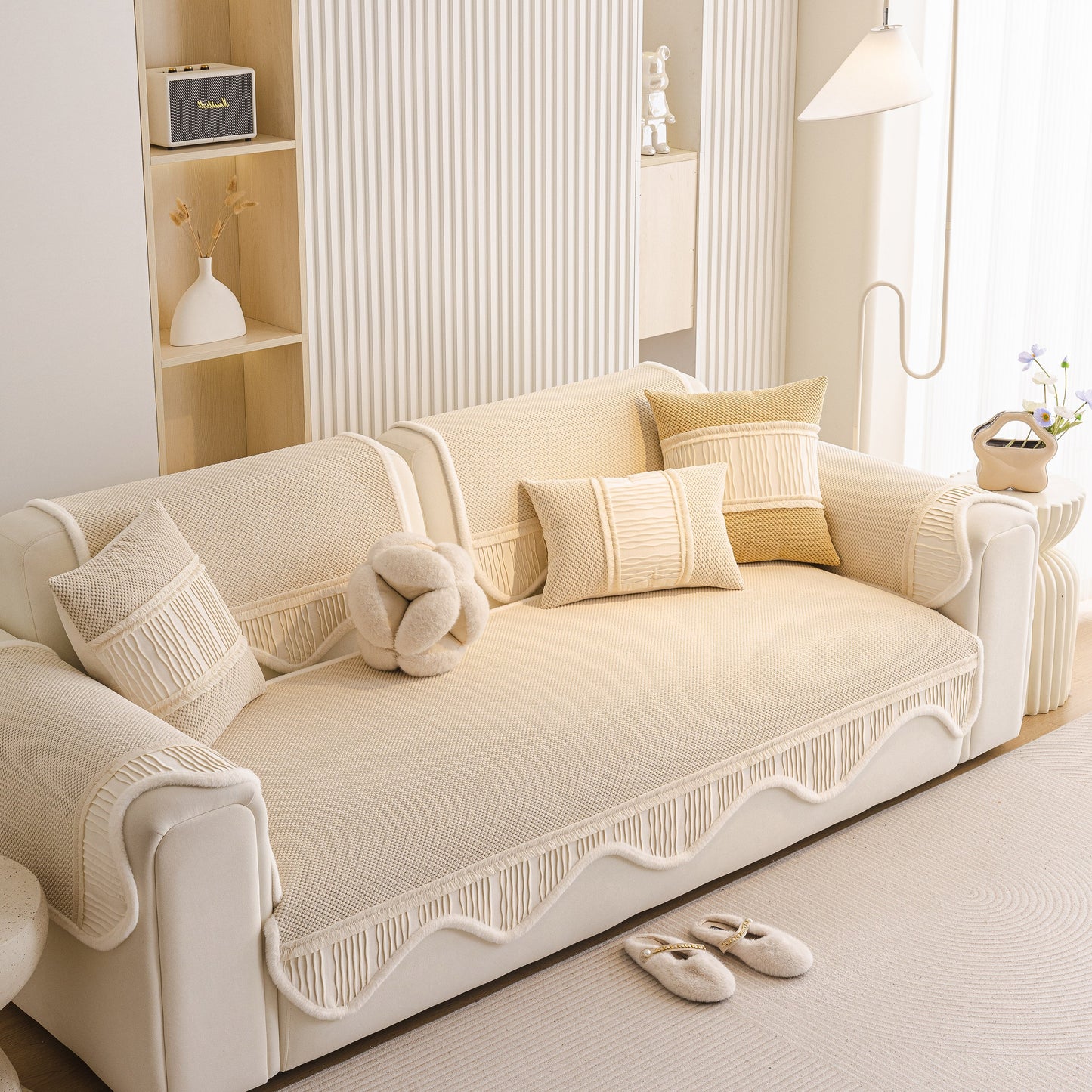 Dog Washable Sofa Protector Cover, Non-Slip Couch Slipcover with Soft Furry Trim on a beige sofa.