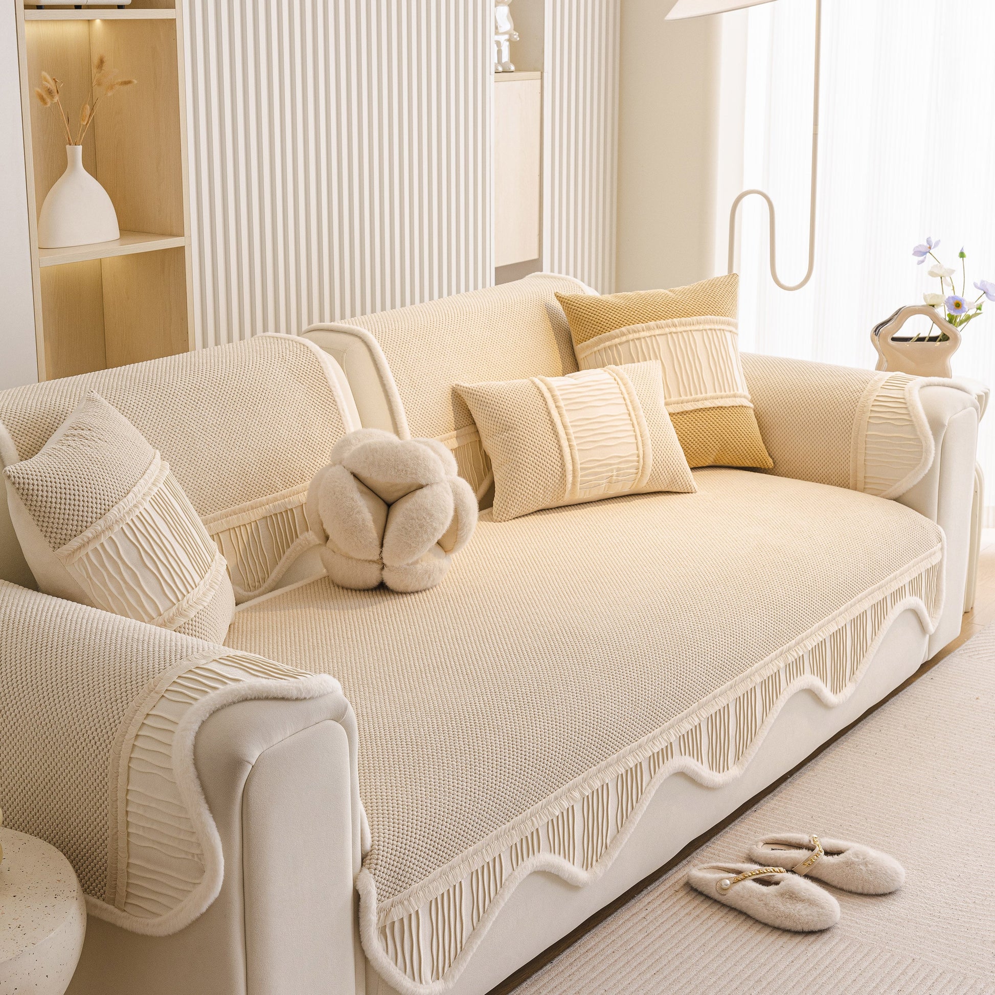 Dog Washable Sofa Protector Cover, Non-Slip Couch Slipcover with Soft Furry Trim on beige sofa with decorative pillows.