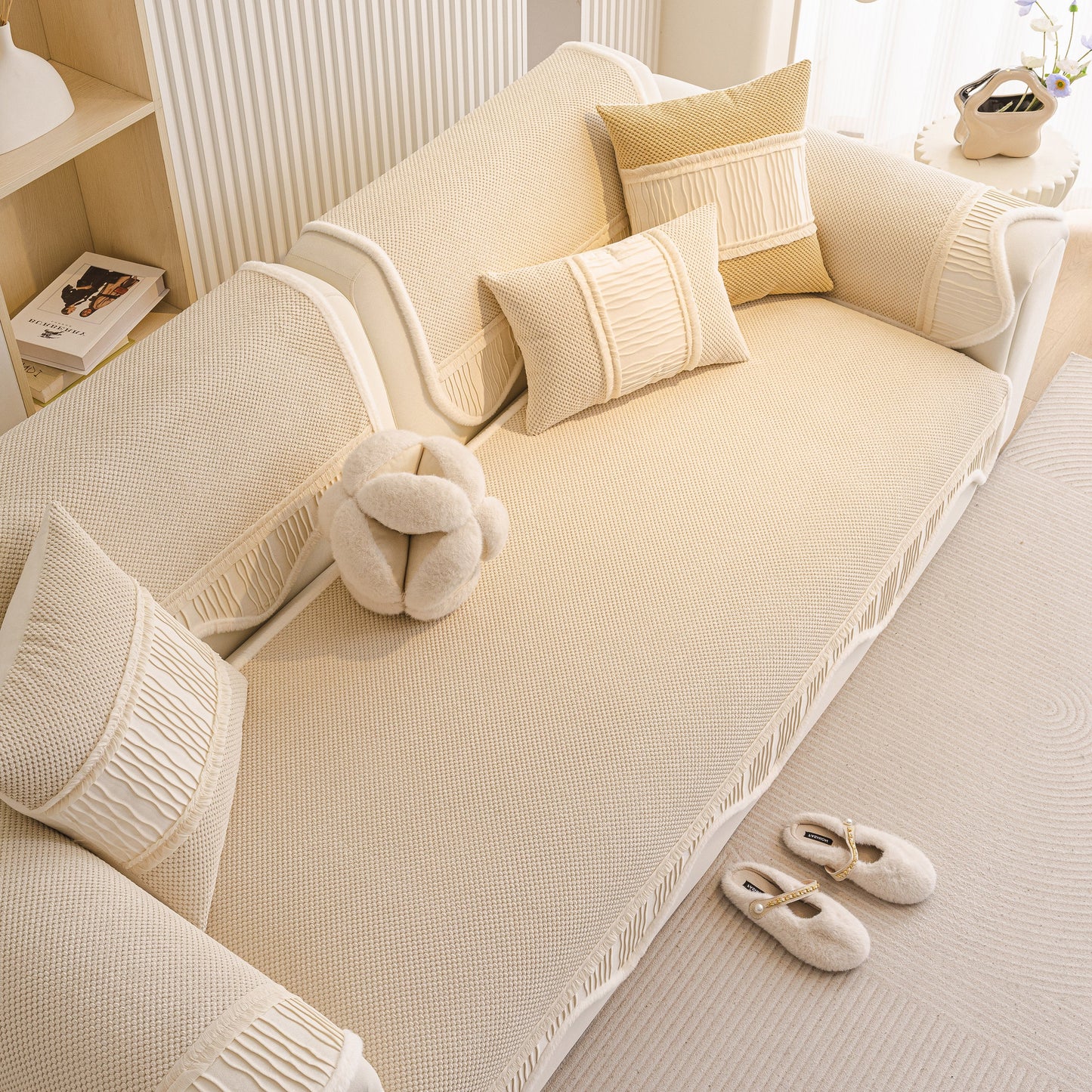 Dog Washable Sofa Protector Cover, Non-Slip Couch Slipcover with Soft Furry Trim in beige displayed on a cozy couch setup
