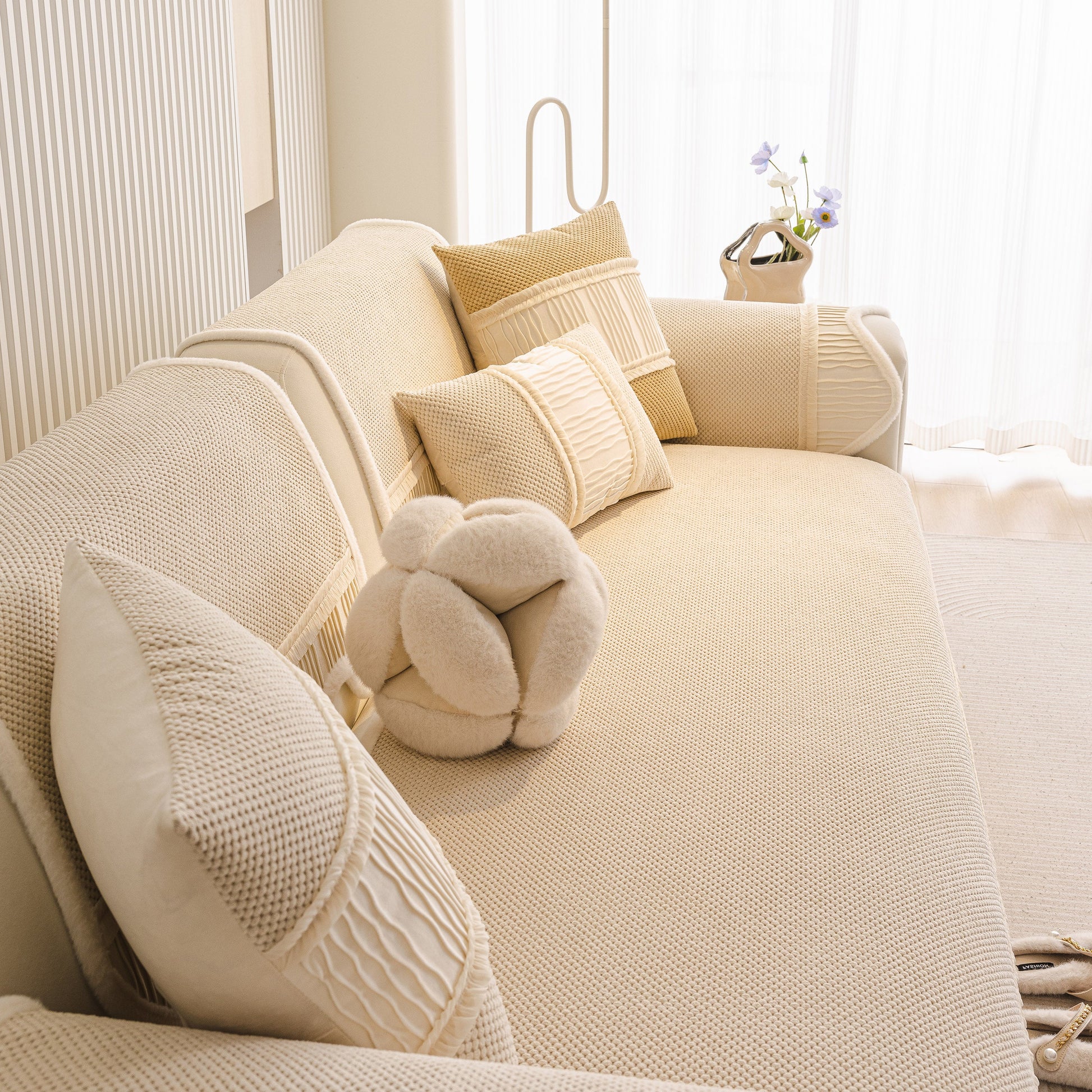 Dog Washable Sofa Protector Cover, Non-Slip Couch Slipcover with Soft Furry Trim in beige on a stylish sofa setting