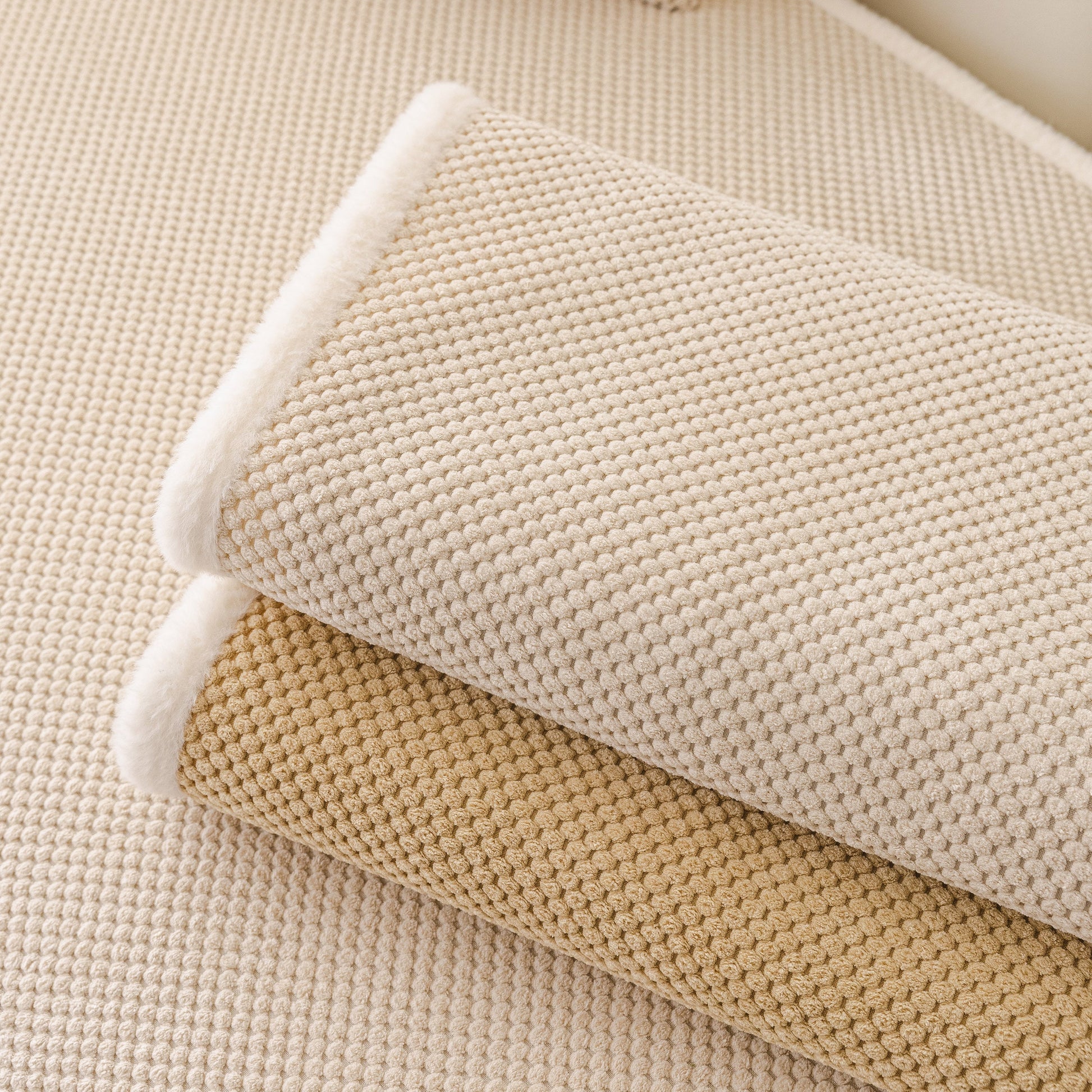 Dog Washable Sofa Protector Cover, Non-Slip Couch Slipcover with Soft Furry Trim in beige and khaki colors with honeycomb texture