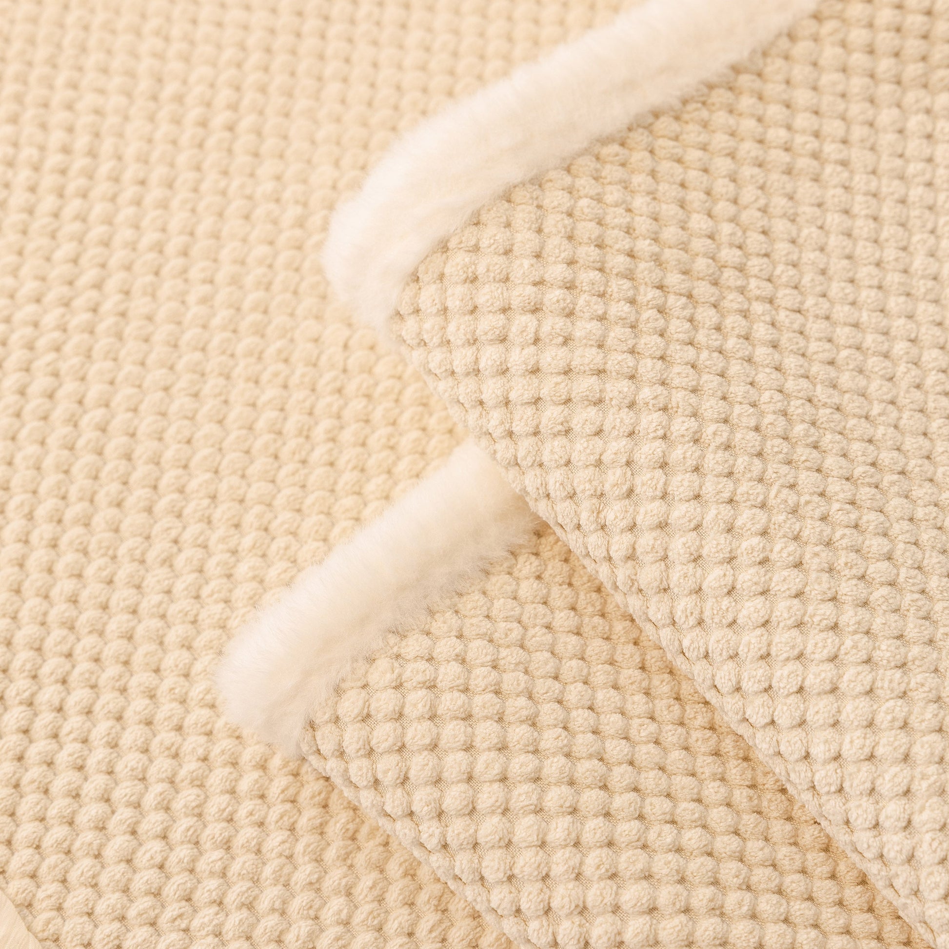 Dog Washable Sofa Protector Cover, Non-Slip Couch Slipcover with Soft Furry Trim in beige with honeycomb texture and faux fur edges.