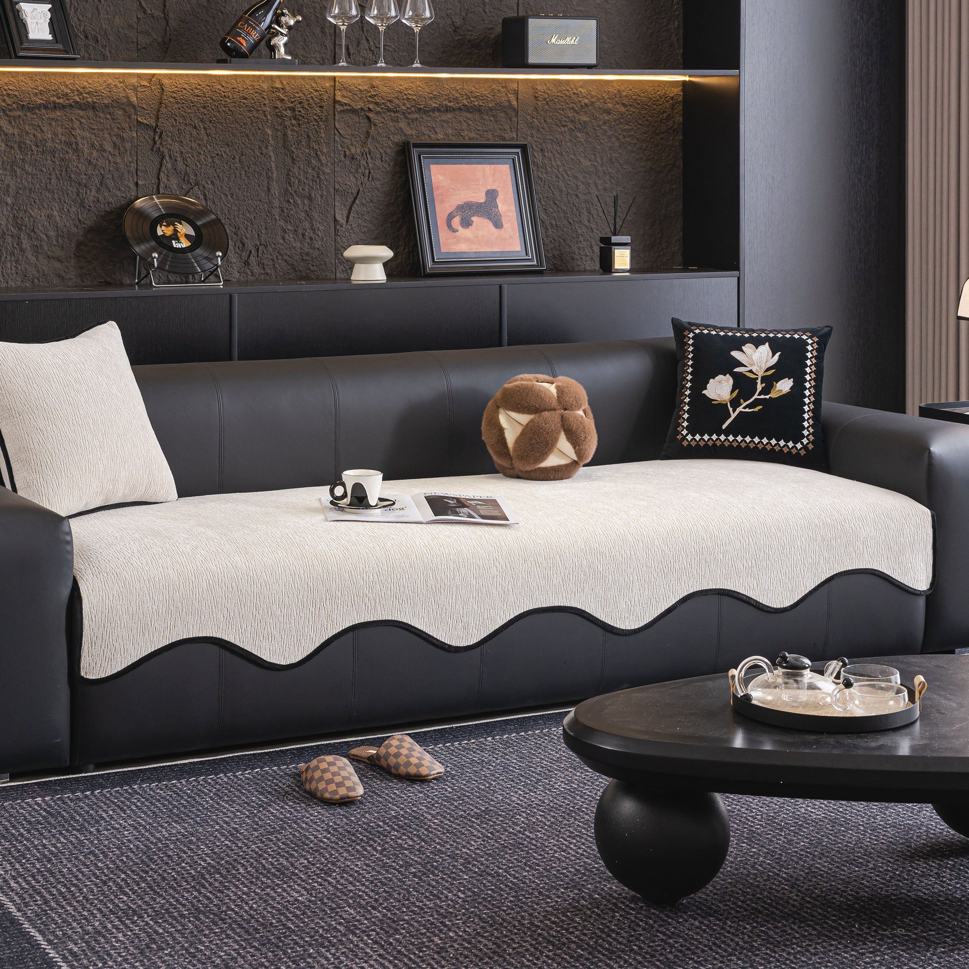 Chenille Couch Cover with Scalloped Edge, Non-Slip Modular Slipcover Sectional on modern sofa in stylish living room