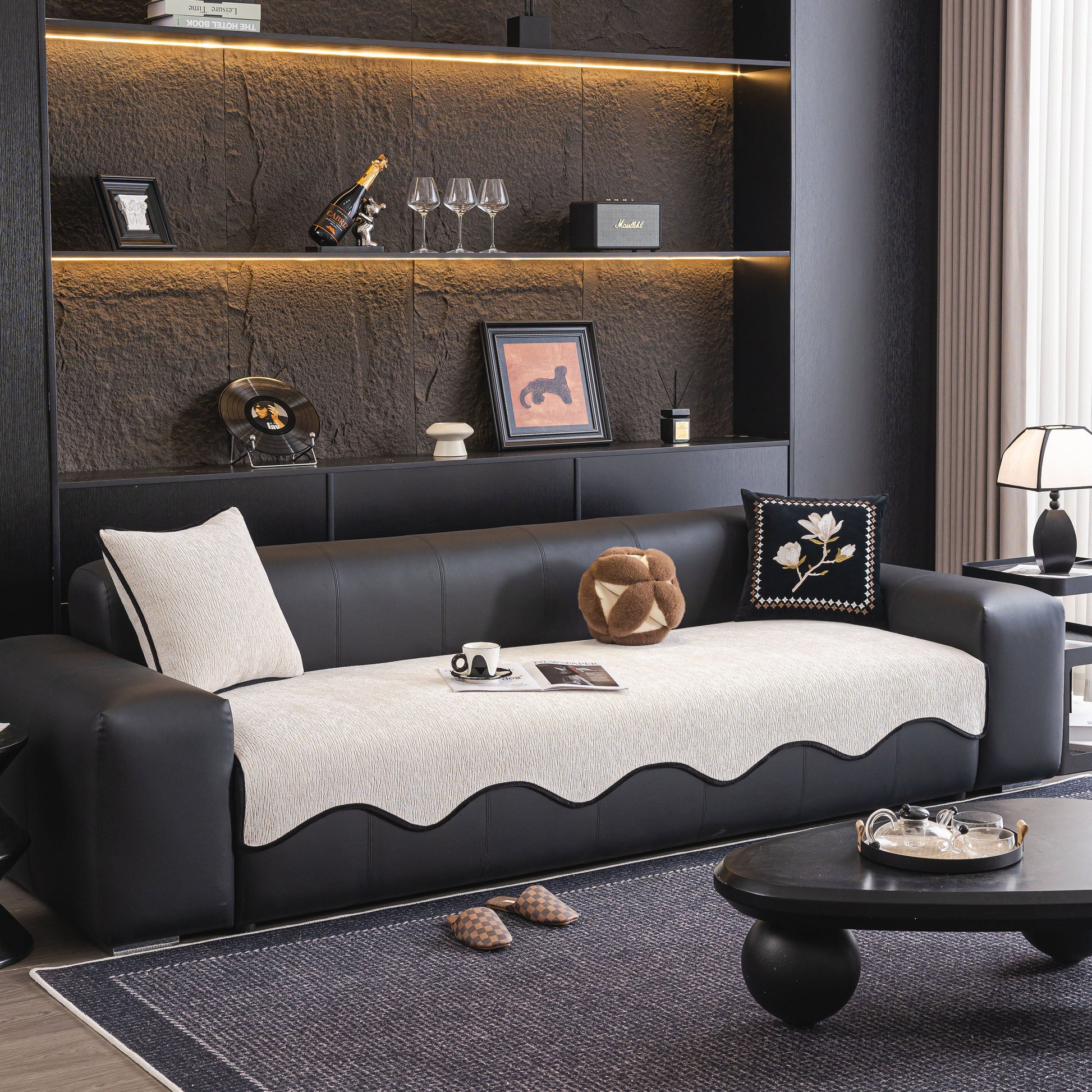 Chenille Couch Cover with Scalloped Edge, Non-Slip Modular Slipcover Sectional on sofa in modern living room