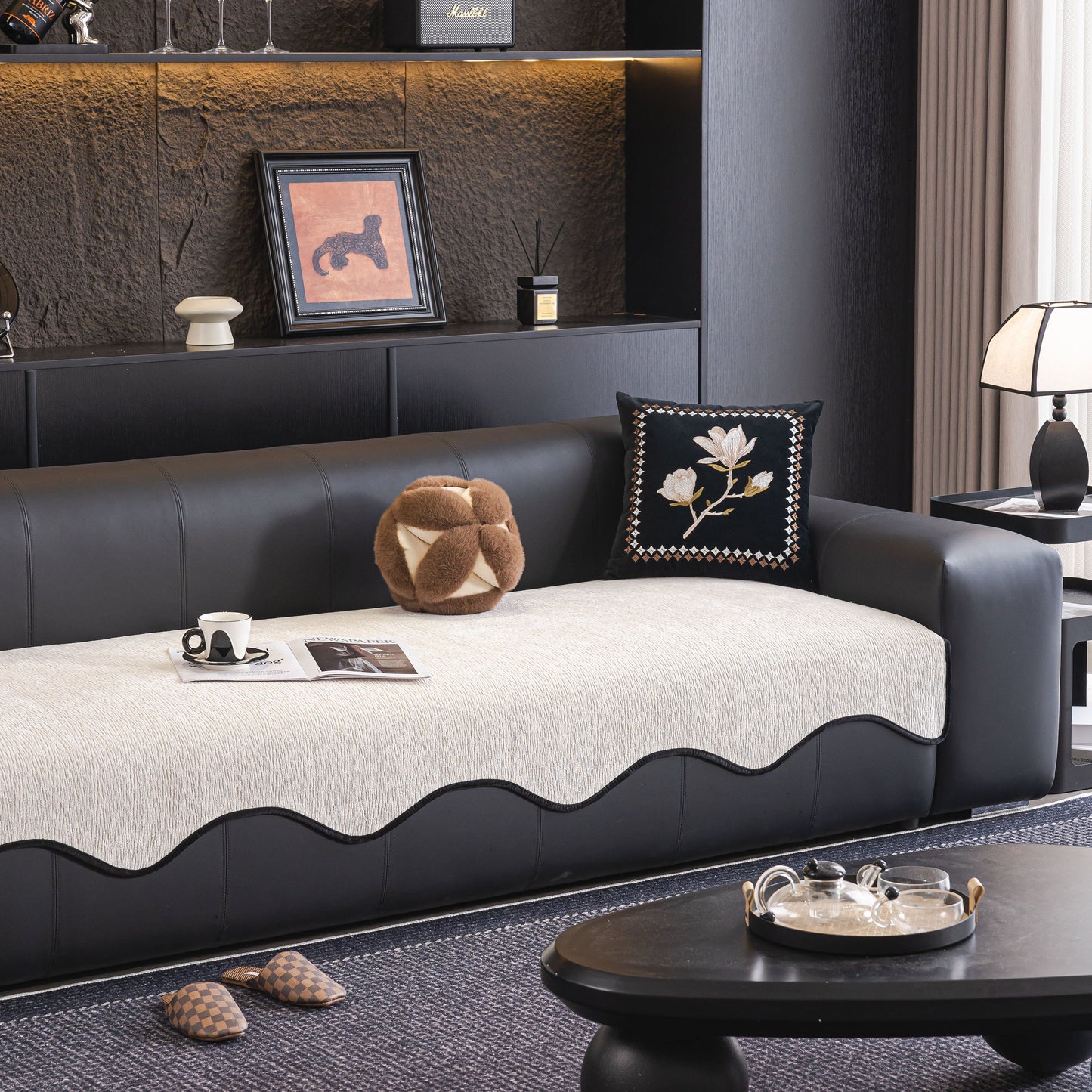 Chenille Couch Cover with Scalloped Edge, Non-Slip Modular Slipcover Sectional on a modern dark sofa.