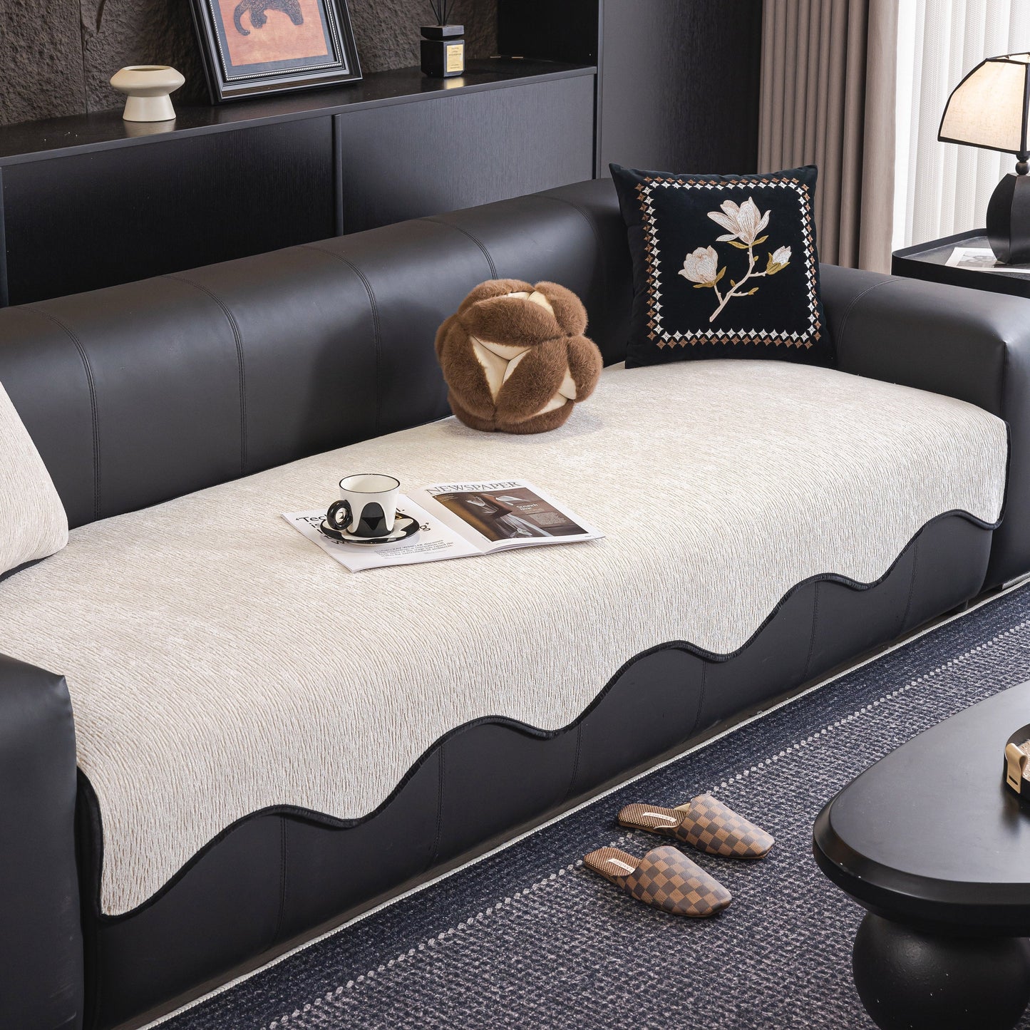 Chenille Couch Cover with Scalloped Edge, Non-Slip Modular Slipcover Sectional on modern black leather sofa