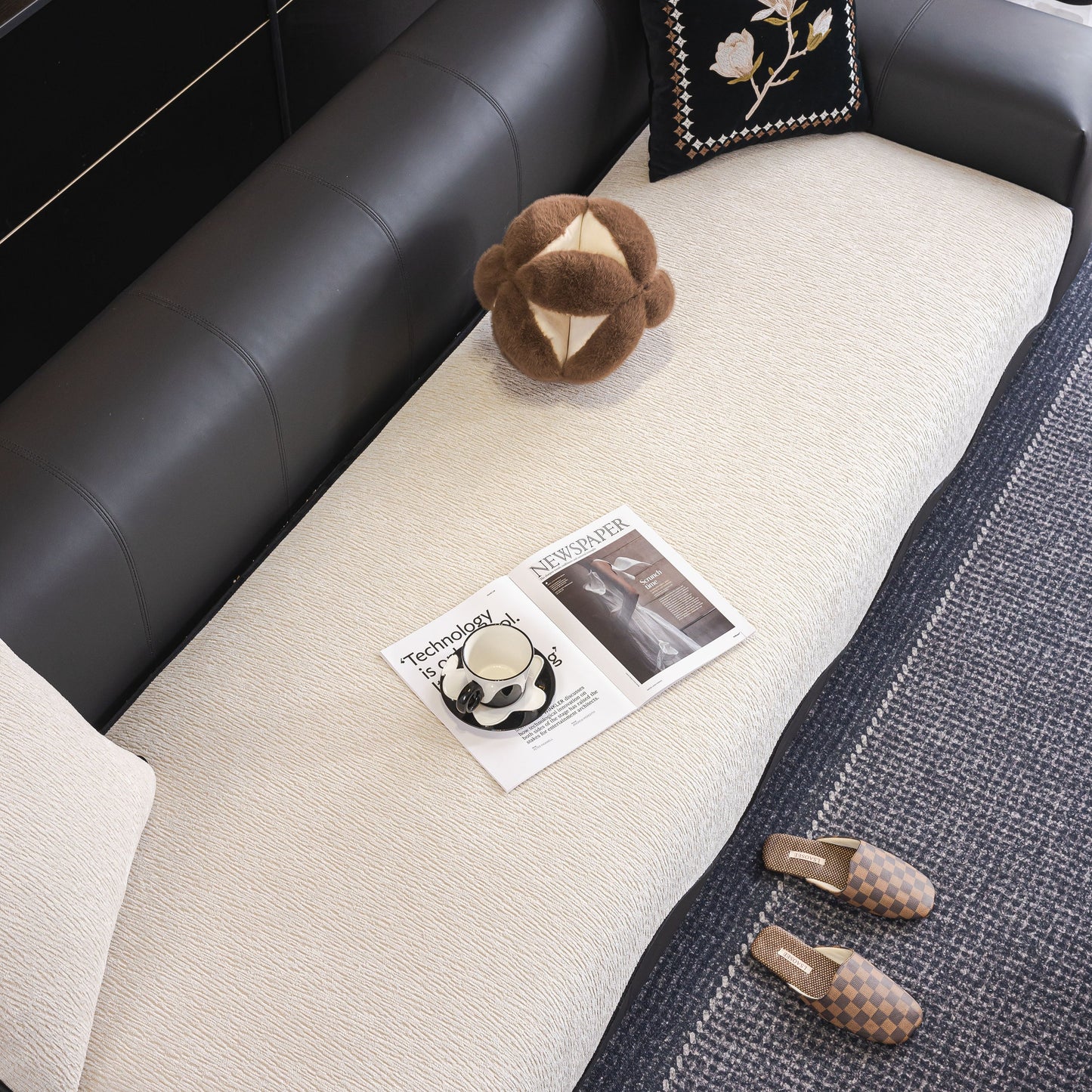Chenille Couch Cover with Scalloped Edge, Non-Slip Modular Slipcover Sectional on dark leather sofa