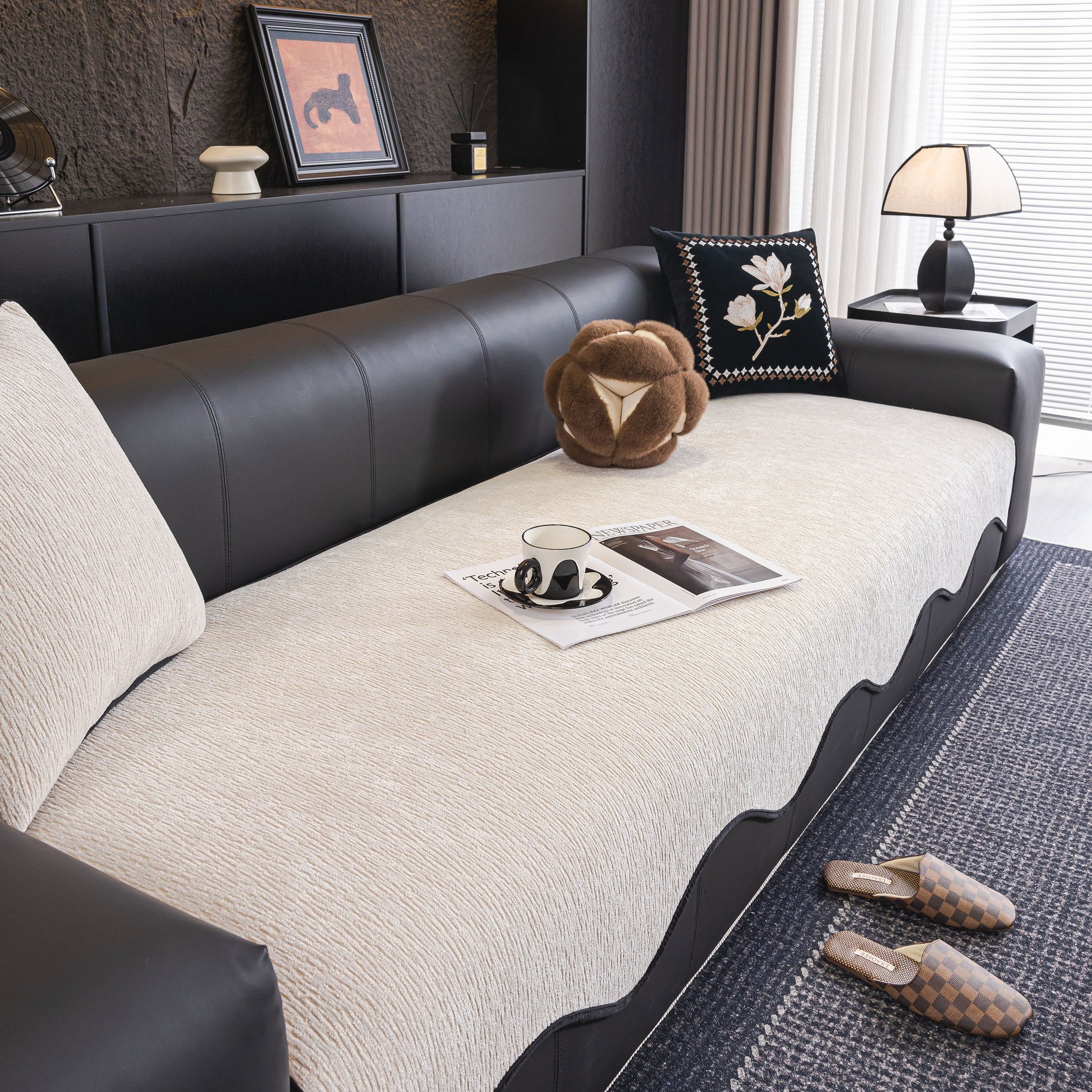 Chenille Couch Cover with Scalloped Edge, Non-Slip Modular Slipcover Sectional on black leather sofa