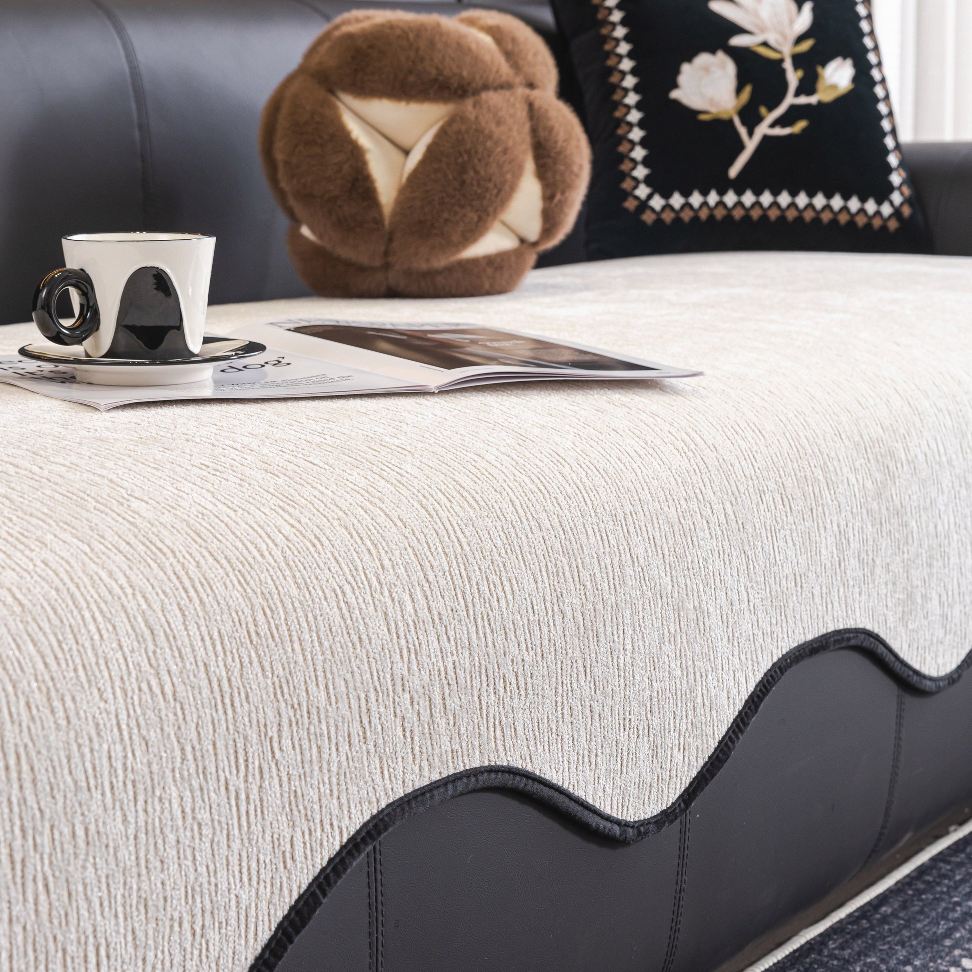 Chenille Couch Cover with Scalloped Edge, Non-Slip Modular Slipcover Sectional on a sofa